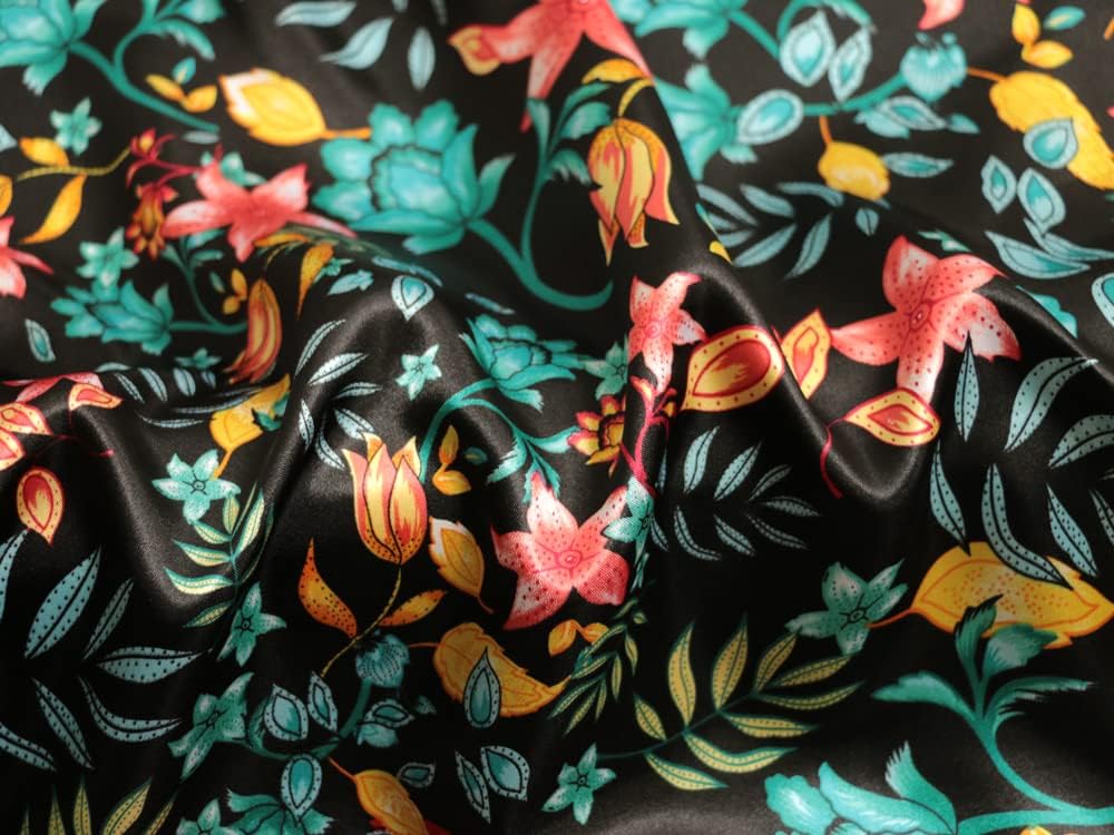 Vintage Printed Satin Fabric Silk Charmeuse Material for Scarf Dress Lining Sewing Material DIY Decorative Satin Charmeuse Cloth (Black)