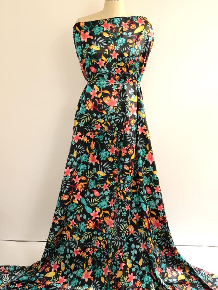 Vintage Printed Satin Fabric Silk Charmeuse Material for Scarf Dress Lining Sewing Material DIY Decorative Satin Charmeuse Cloth (Black) - Image 4