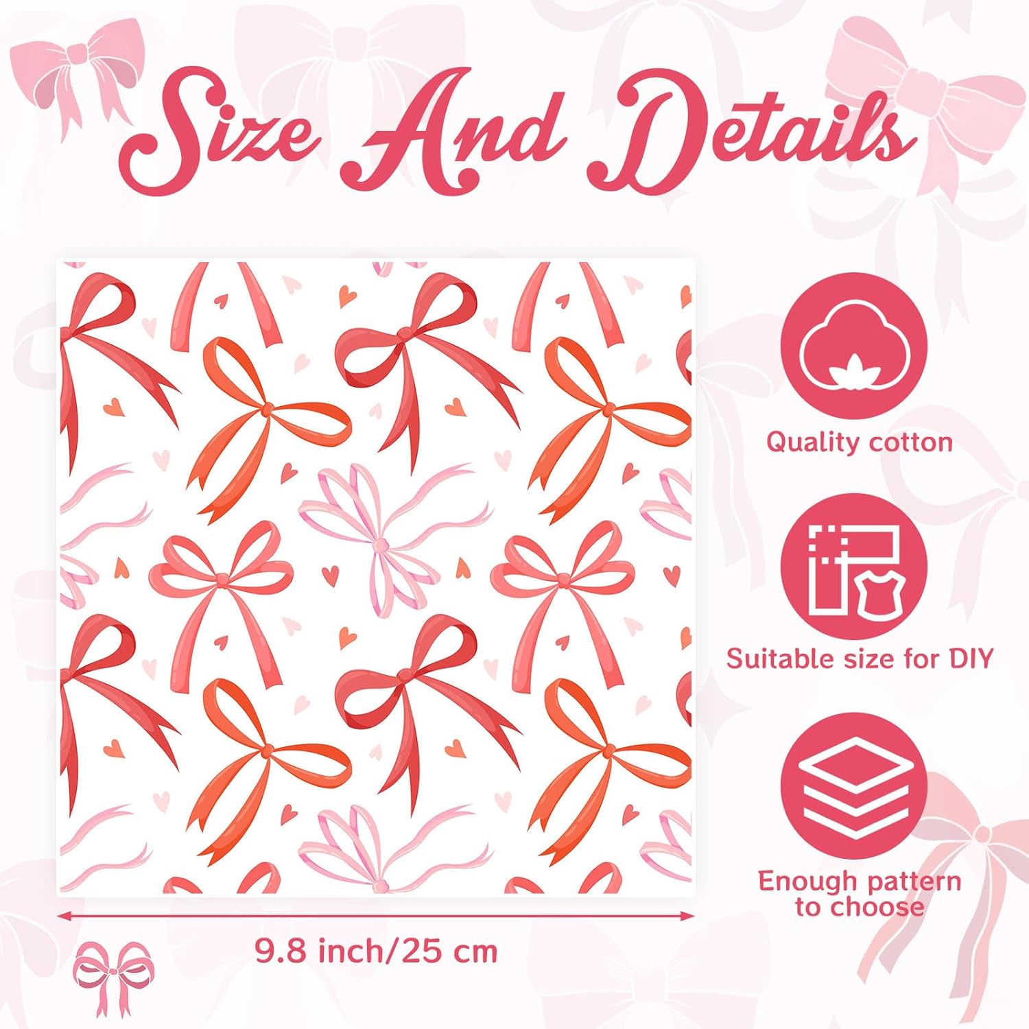 Tatuo 30 Pcs 10" Valentines Quilting Cotton Fabric Squares Pink Bow Pattern Floral Precut Fabric Square Sheets for Sewing Scrapbooking DIY Craft Patchwork