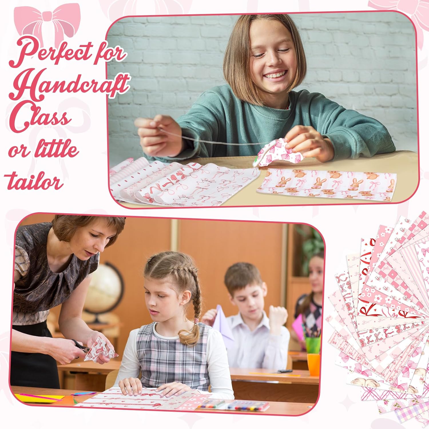 Tatuo 30 Pcs 10" Valentines Quilting Cotton Fabric Squares Pink Bow Pattern Floral Precut Fabric Square Sheets for Sewing Scrapbooking DIY Craft Patchwork - Image 3