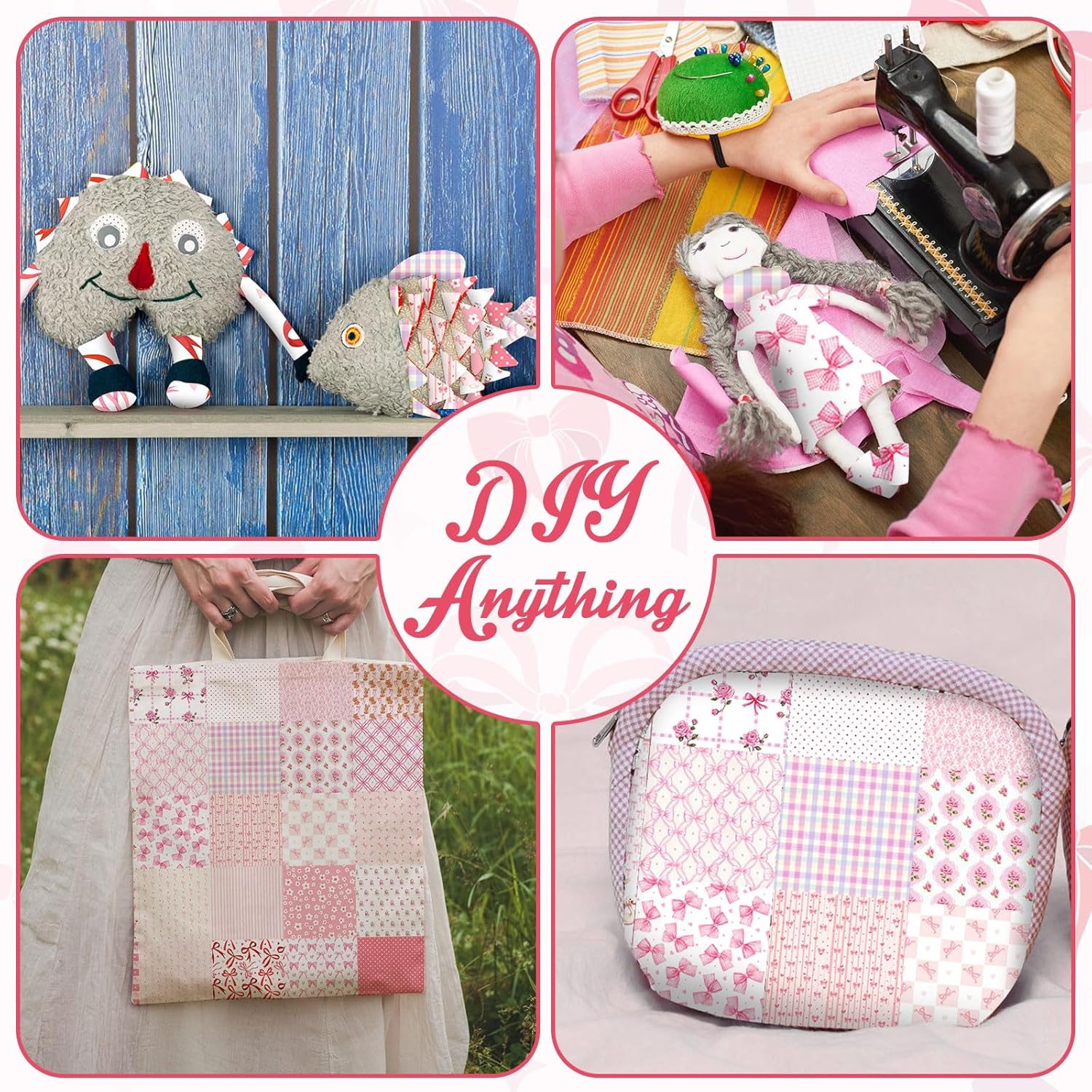 Tatuo 30 Pcs 10" Valentines Quilting Cotton Fabric Squares Pink Bow Pattern Floral Precut Fabric Square Sheets for Sewing Scrapbooking DIY Craft Patchwork - Image 4