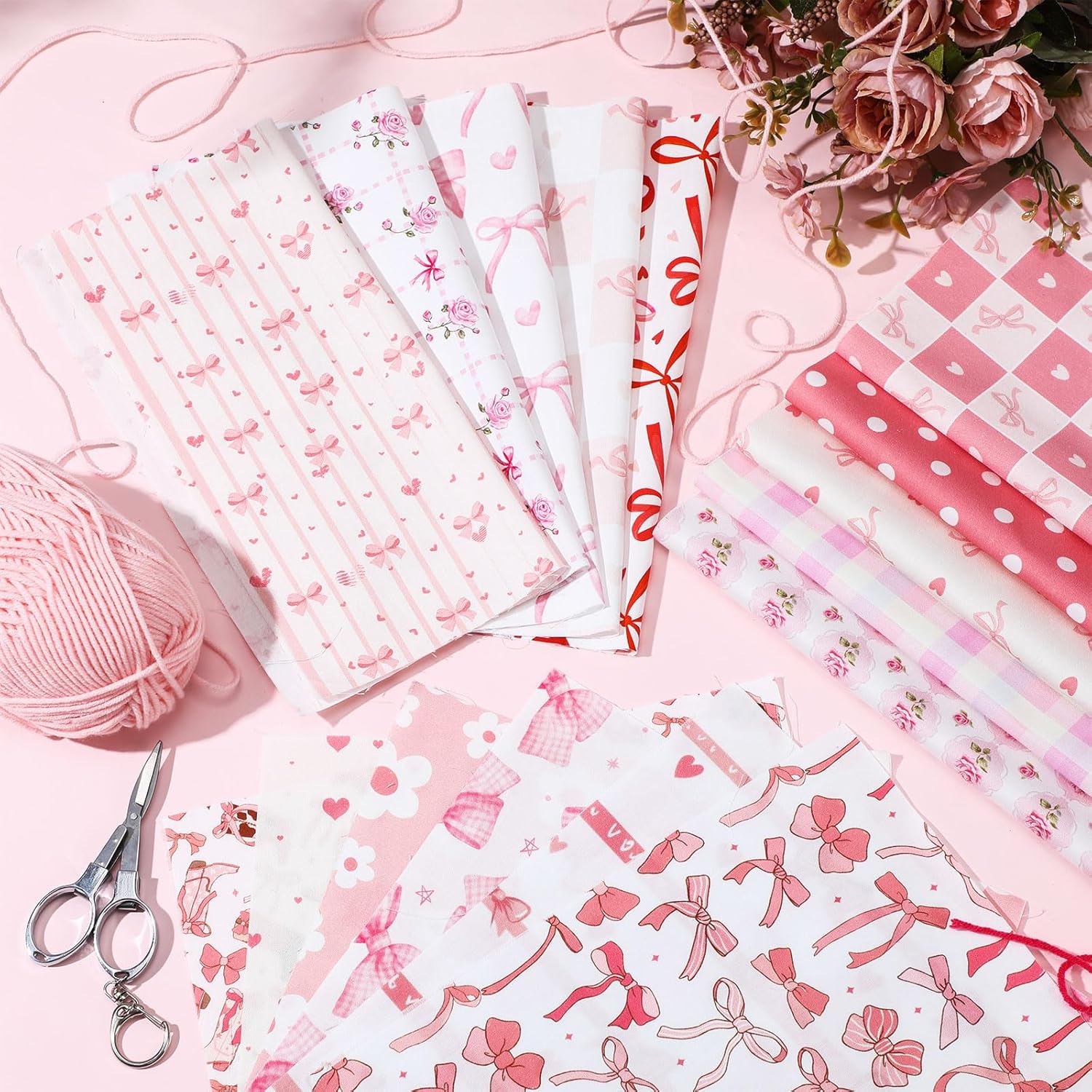 Tatuo 30 Pcs 10" Valentines Quilting Cotton Fabric Squares Pink Bow Pattern Floral Precut Fabric Square Sheets for Sewing Scrapbooking DIY Craft Patchwork - Image 6