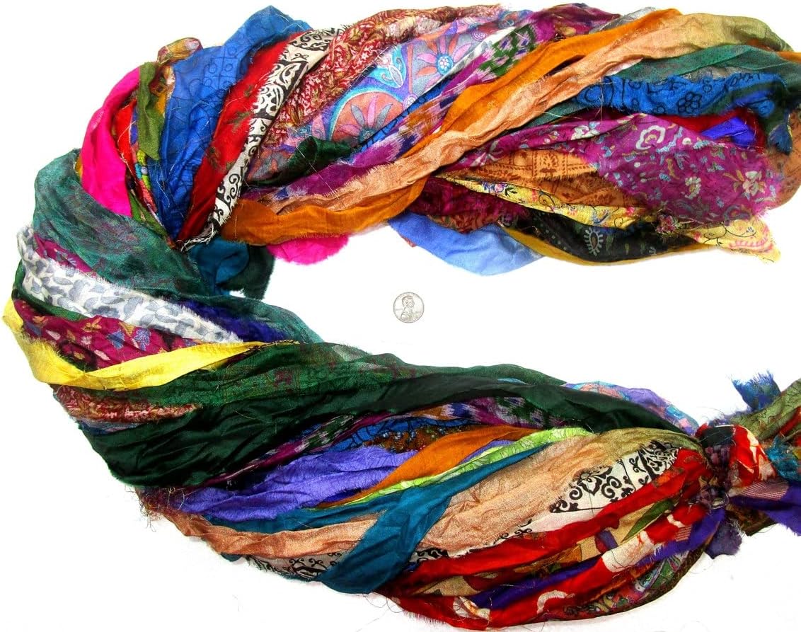 Vintage Fabrics Crafts 100 Strips 42 Yards Unstitched Silk Sari Ribbon Yarn Tassels SKEINS Mixed Shades Journal Scrapbook Craft Project Decor Strips India lot Beauty