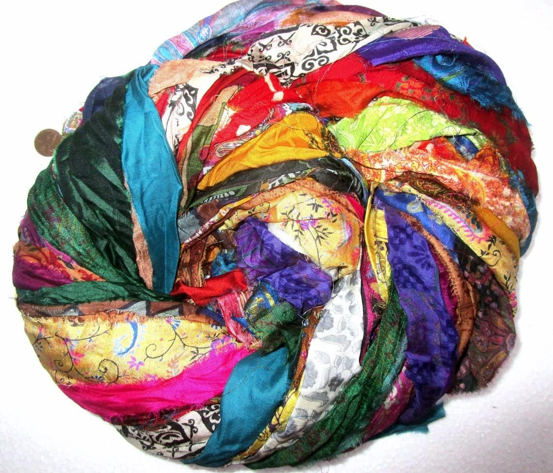 Vintage Fabrics Crafts 42 Yards Unstitched Sari Silk Yarn Ribbon Tassels 42 Strips SKEINS Mixed Shades Journal Scrapbook Craft Project Decor