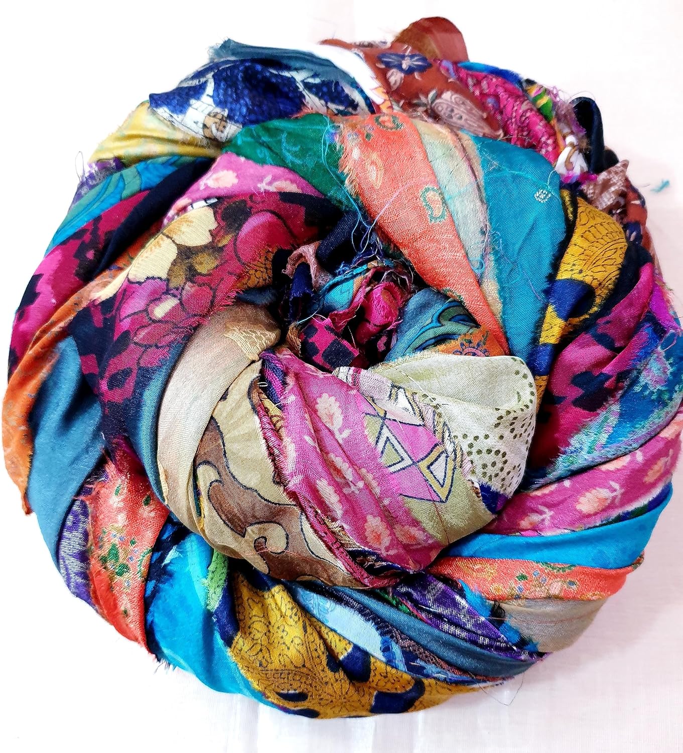 Alternative view of Vintage Fabrics Crafts 21 Yards Unstitched Recycled Sari Silk Yarn Ribbon Tassels 21 Strips SKEINS Shades Recycled Journal Scrapbook Craft Project Decor DS360