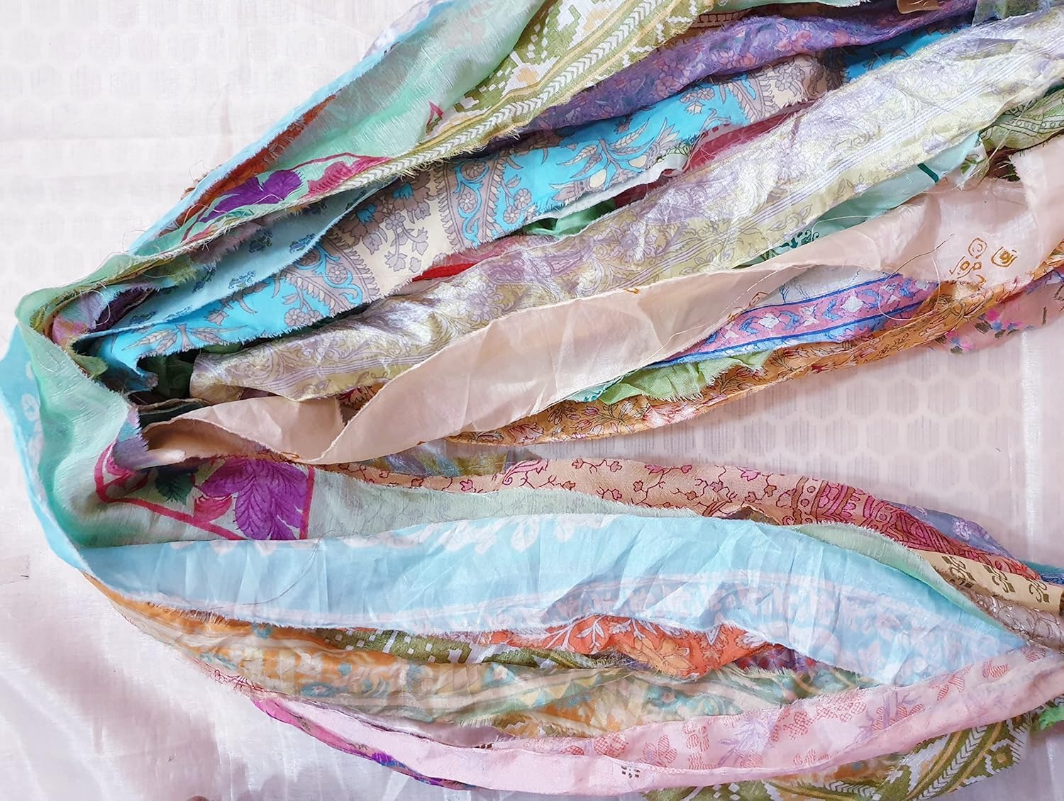 Alternative view of 21 Yards 21 Strips Unstitched Sari Art Silk Yarn Ribbon Tassels SKEINS Pastel Shades Journal Scrapbook Craft Project Decor ADS209