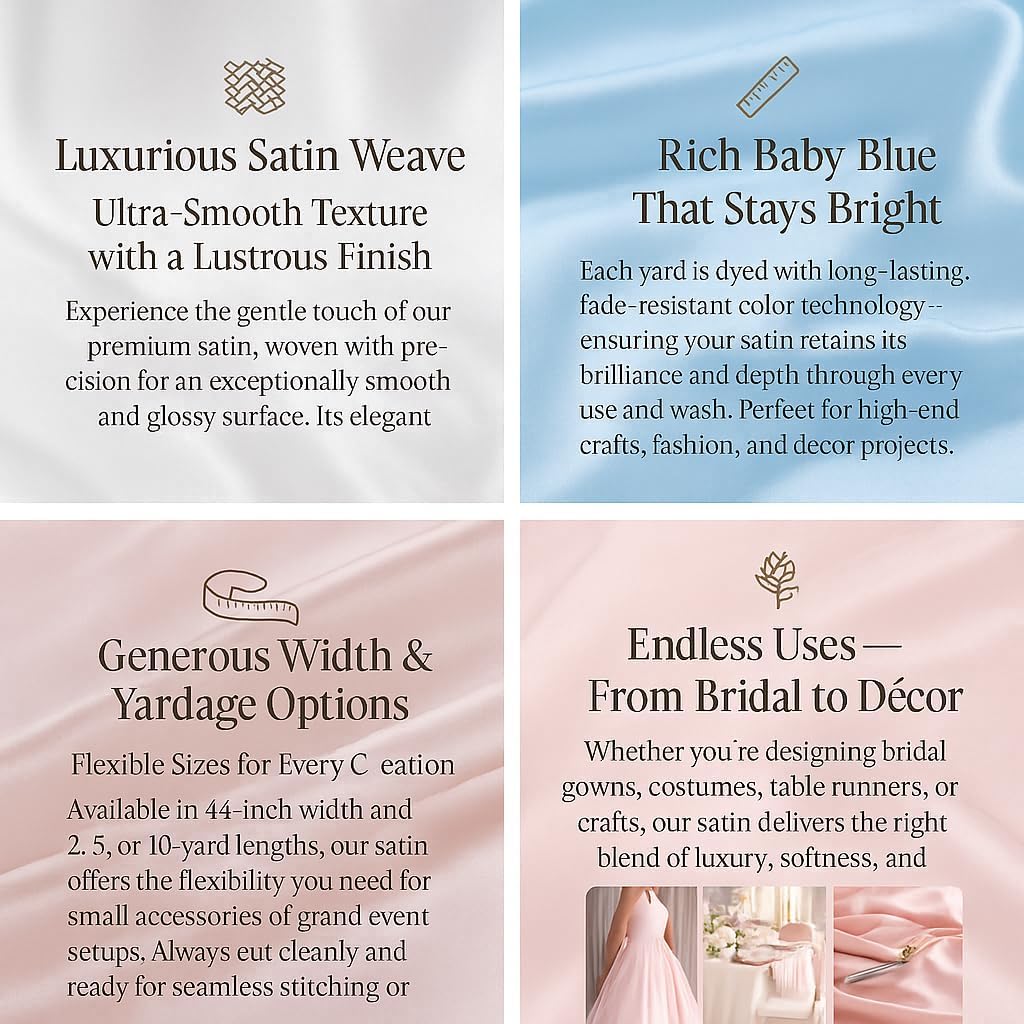 Alternative view of SARVAM FASHION Satin Fabric 10 Yard Bridal Solid for Wedding Dress Fashion Crafts Costumes Decorations Silky Satin 44u201D - (10 Yard, Blues Pink)