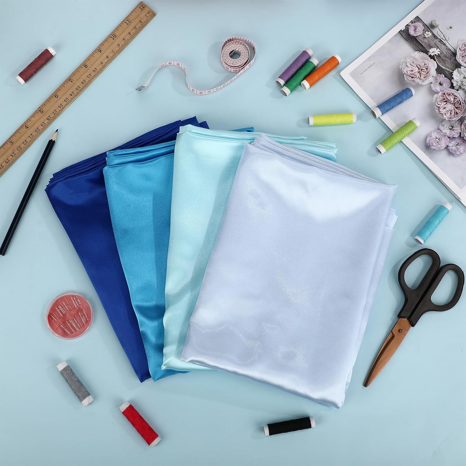 Tegeme 4 Pcs Satin Fabric by The Yard 1 Yard x 58 Inch Silky Charmeuse Polyester Fabric for Quilting Wedding Bridal Dress Sewing Crafts Table Decorations(Blue Tones) - Image 3