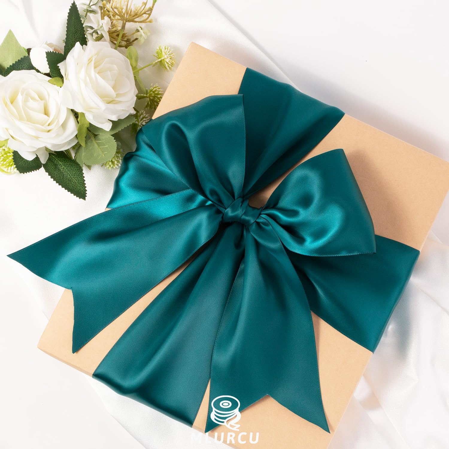 Teal Ribbon 4 Inch Wide Double Faced Satin Thick Polyester Silk Fabric Large Teal Ribbon for Chair Sashes Wedding Party Christmas Decor Flower Bouquet Gift Wrapping Sewing Crafts 10 Yards
