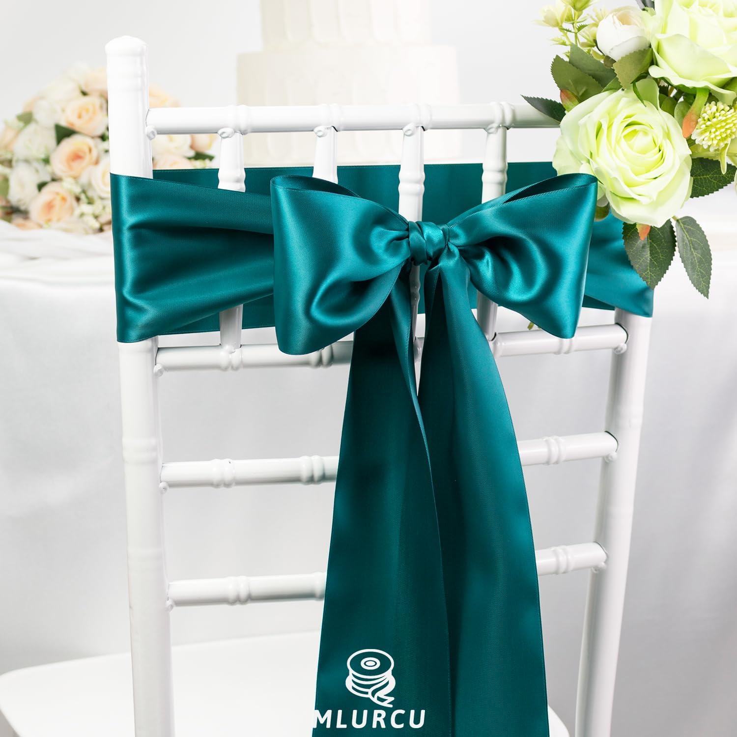 Alternative view of Teal Ribbon 4 Inch Wide Double Faced Satin Thick Polyester Silk Fabric Large Teal Ribbon for Chair Sashes Wedding Party Christmas Decor Flower Bouquet Gift Wrapping Sewing Crafts 10 Yards