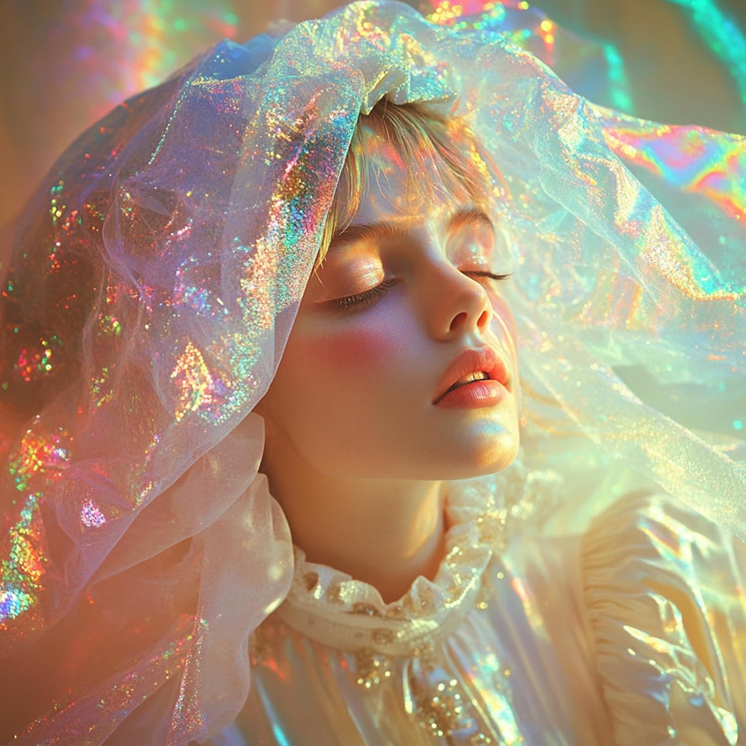 InnoHHustle 3.3 Yard Sheer Magic Rainbow Laser Holographic Fabric, Gradient Organza, Iridescent, White (Pastel), 59x118 Inches, Polyester, Plain Weave, Abstract Pattern, Machine Washable - Image 4