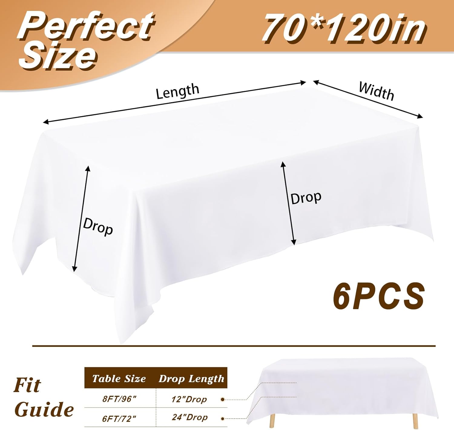 Alternative view of Fixwal 6 Pack White Table Cloth for Rectangle Table, 70 x 120 Inch Polyester Fabric Tablecloths Rectangular, Table Covers 6-8ft for Party, Banquet, Dining, Wedding, Graduation