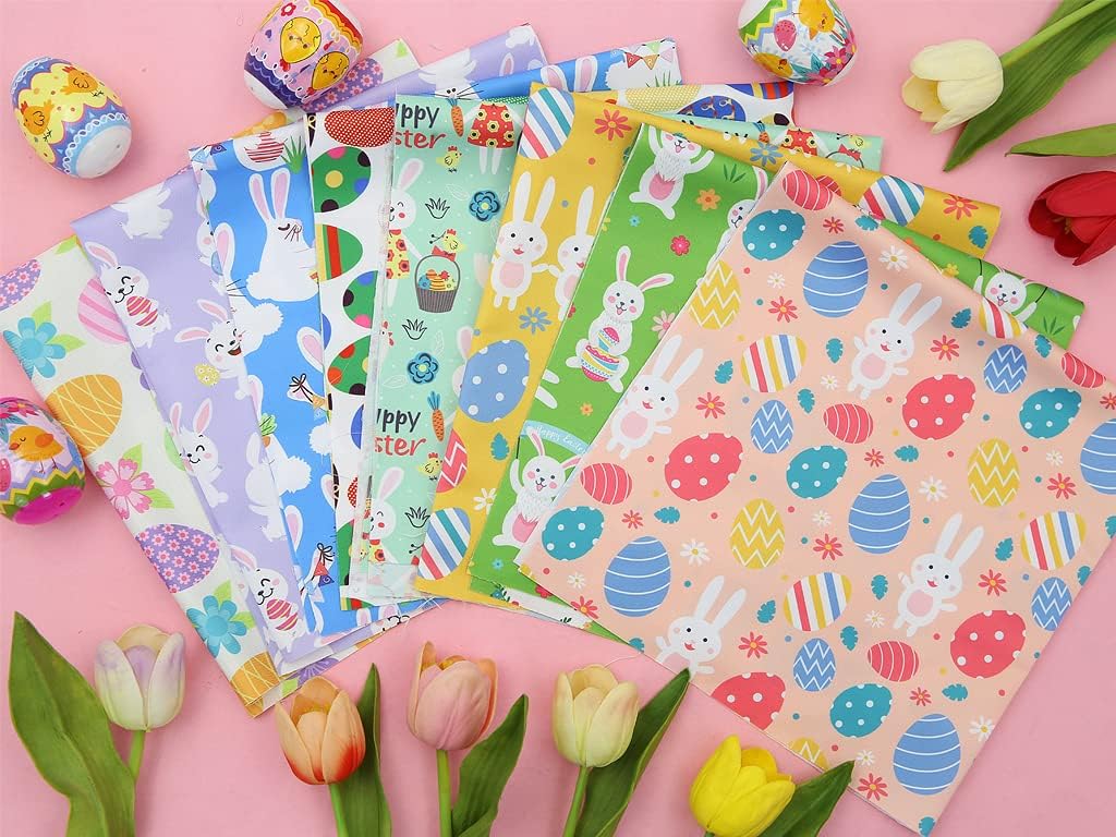 Pack of 8 Easter Fat Squares Polyester Fabric Sheets Bundles, 20" x 20", Assorted 8 Patterns Bunny Chicken Printed Patchwork Fabric Squares Material for Quilting Sewing DIY Craft Projects - Image 4