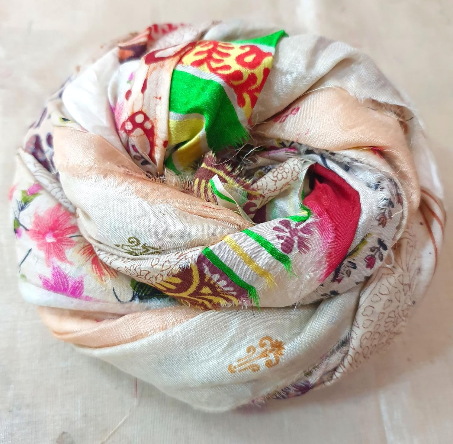 21 Yards Unstitched Sari Silk Yarn Ribbon Tassels SKEINS Beige Cream Journal Scrapbook Craft Project Decor CRMLNG DS344