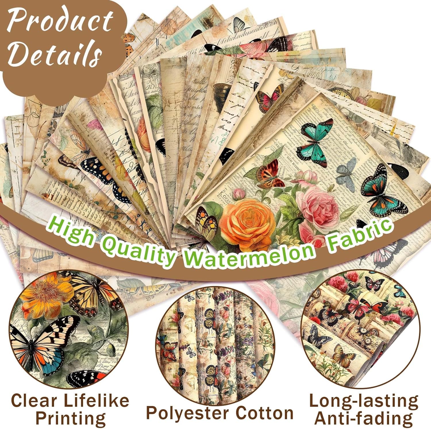 HunnmingRe 20 Pcs 10''x10'' Vintage Butterfly Quilting Fabric Square Retro Floral Precuts Quilted Fabric Bundle Retro Leaves Flower Printed Sewing Material for Holiday Patchwork DIY Craft Supplies