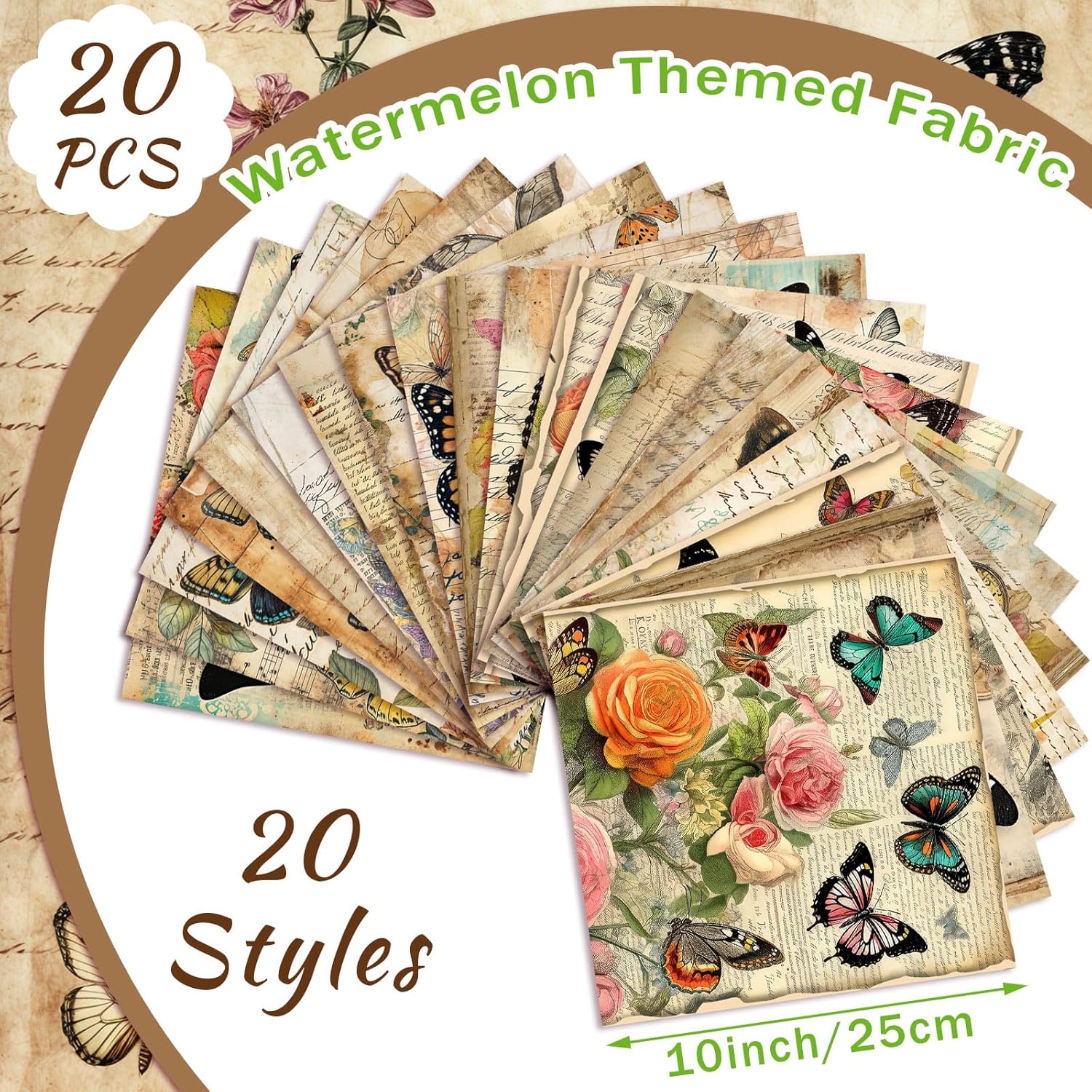 Alternative view of HunnmingRe 20 Pcs 10''x10'' Vintage Butterfly Quilting Fabric Square Retro Floral Precuts Quilted Fabric Bundle Retro Leaves Flower Printed Sewing Material for Holiday Patchwork DIY Craft Supplies