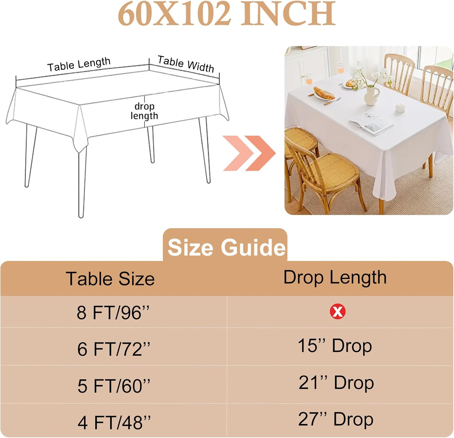 OUDIS White Table Cloth Rectangle,6 Packs 60x102 Inches Tablecloth for 6 Foot Rectangle Tables,Professional Polyester Fabric Table Cover for Wedding, Party,Valentine Decor,Banquet Occasion Decorations