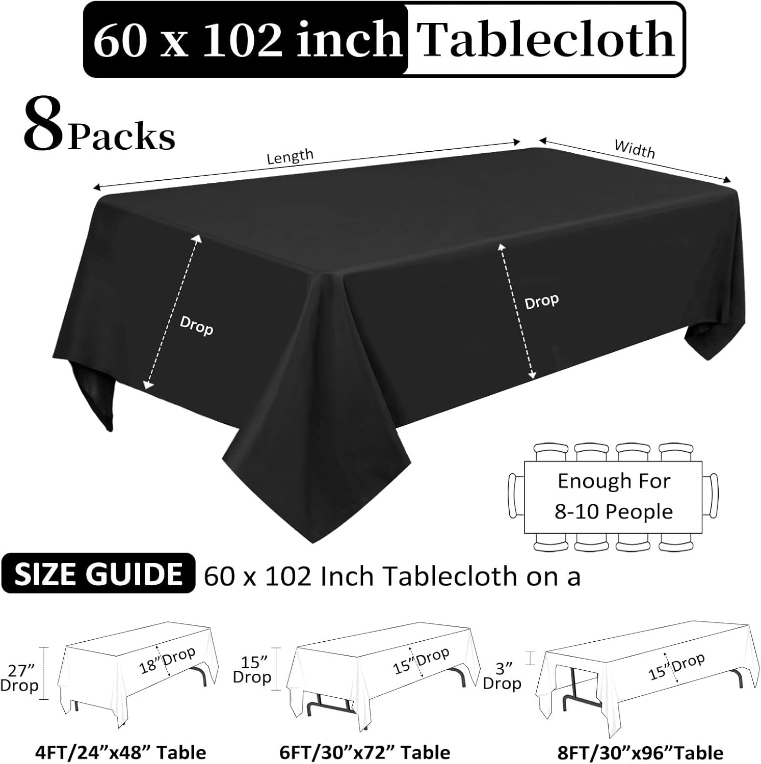 Alternative view of Heneger 8 Pack Black Tablecloths 60 x 102 Inch Rectangular Table Cloths for Rectangle Tables 6ft, Wrinkle Resistant Black Table Cloth Washable Polyester Fabric for Buffet Wedding Party Banquet
