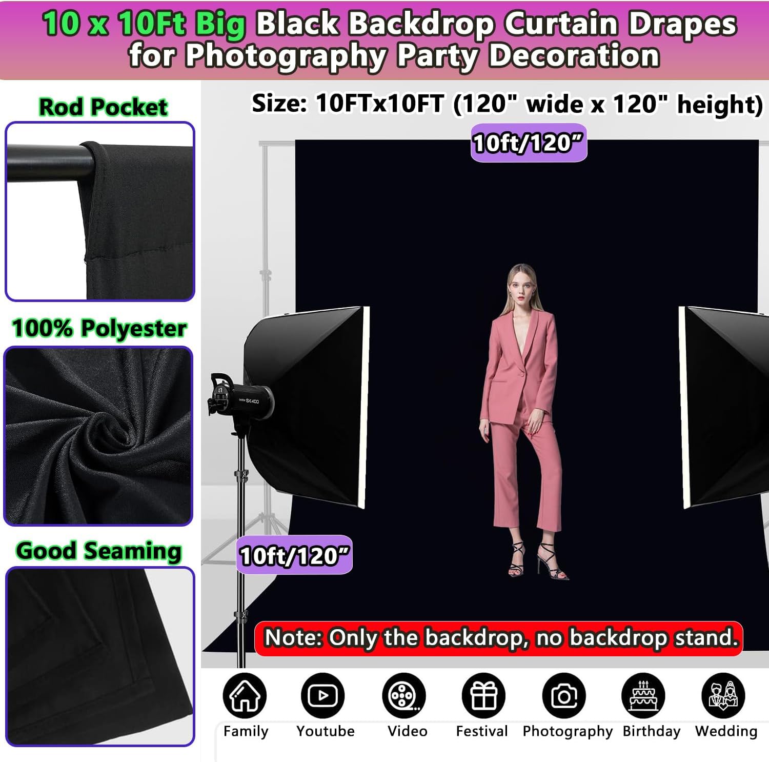 Black Backdrop 10 X 10 Ft, Solid Black Photo Backdrop, High Density Polyester Fabric Pure Black Backdrop Curtain Screen, Collapsible Seamless Black Background for Photoshoot Party Video Studio