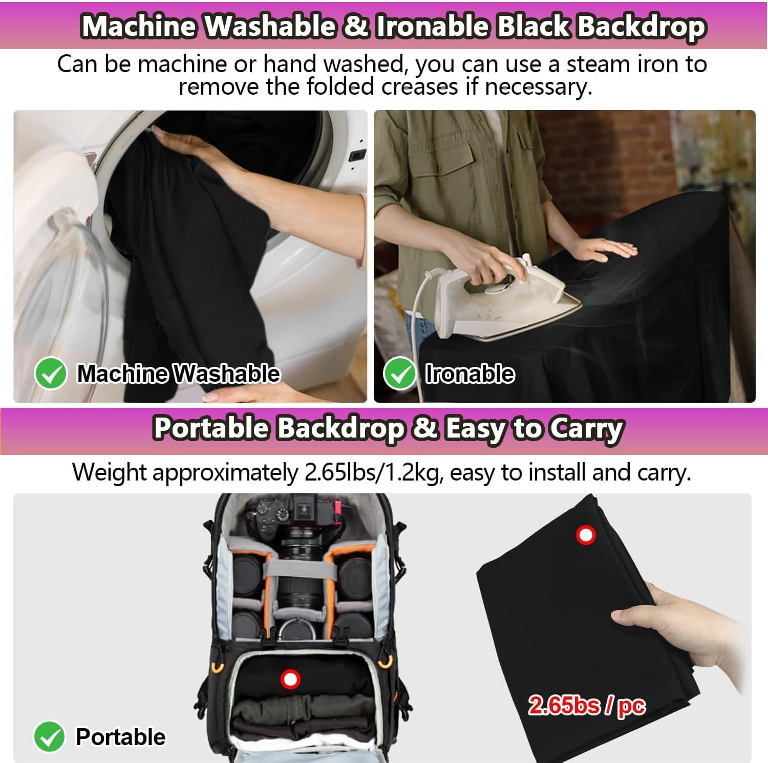 Black Backdrop 10 X 10 Ft, Solid Black Photo Backdrop, High Density Polyester Fabric Pure Black Backdrop Curtain Screen, Collapsible Seamless Black Background for Photoshoot Party Video Studio - Image 3