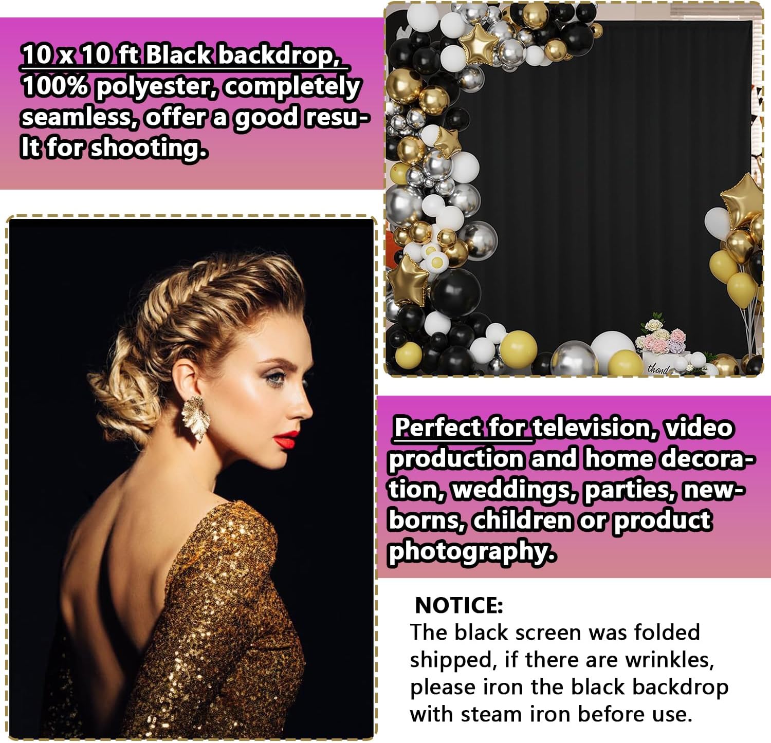 Black Backdrop 10 X 10 Ft, Solid Black Photo Backdrop, High Density Polyester Fabric Pure Black Backdrop Curtain Screen, Collapsible Seamless Black Background for Photoshoot Party Video Studio - Image 5