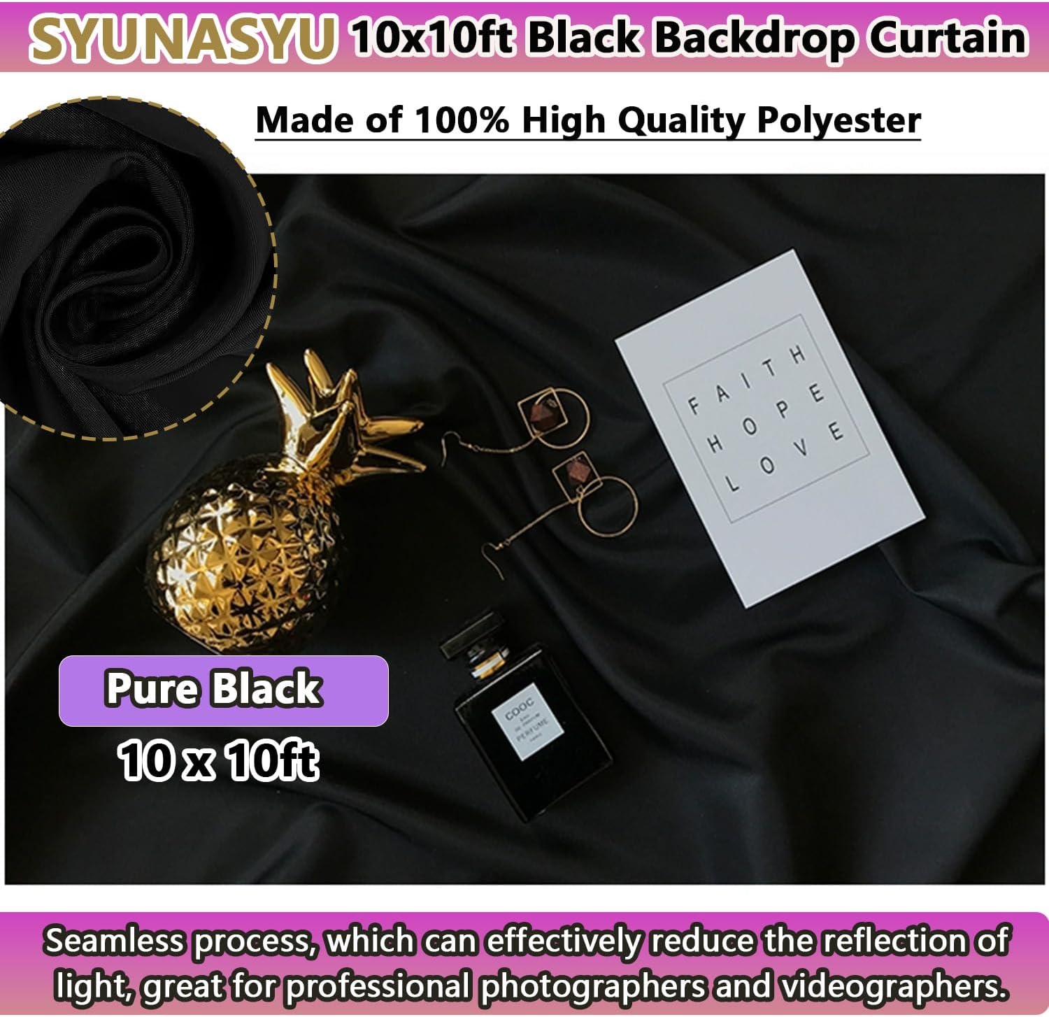 Black Backdrop 10 X 10 Ft, Solid Black Photo Backdrop, High Density Polyester Fabric Pure Black Backdrop Curtain Screen, Collapsible Seamless Black Background for Photoshoot Party Video Studio - Image 7