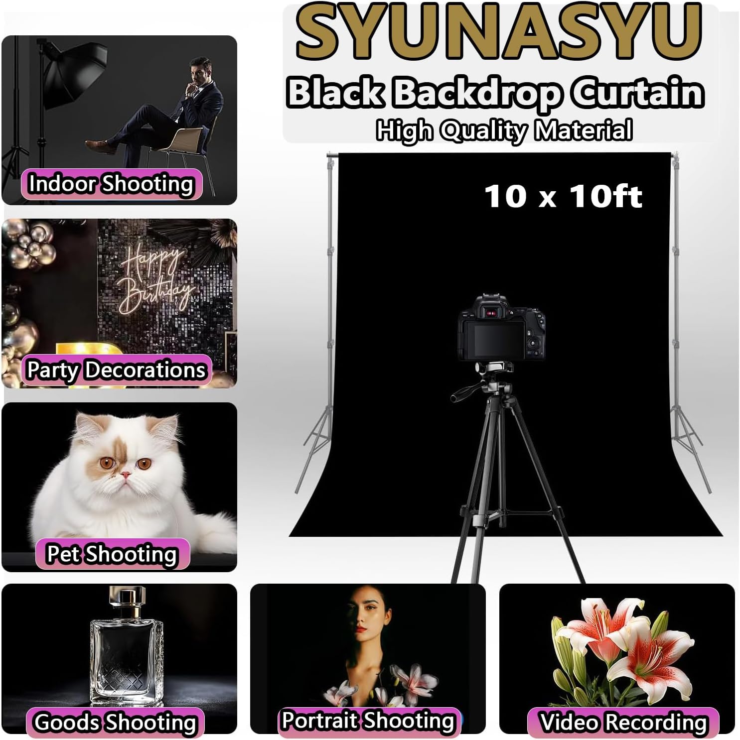 Black Backdrop 10 X 10 Ft, Solid Black Photo Backdrop, High Density Polyester Fabric Pure Black Backdrop Curtain Screen, Collapsible Seamless Black Background for Photoshoot Party Video Studio - Image 8