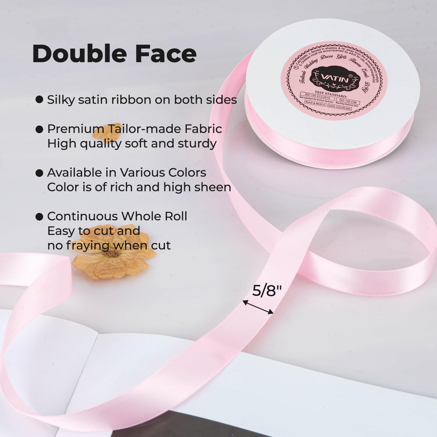 Alternative view of VATIN Double Face Pearl Pink Satin Ribbon 5/8" Continuous 25 Yards,Pink Polyester Fabric Ribbon use for Bows Bouquet, Gift Wrapping, Floral Arrangement Wedding Decoration
