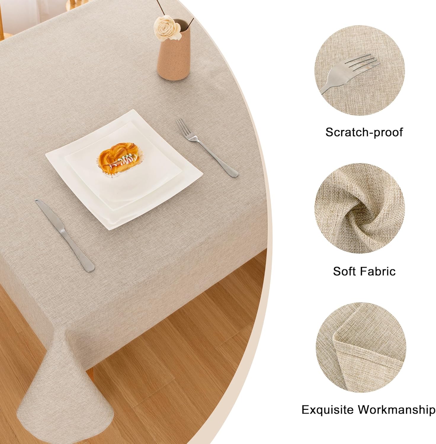 Hiasan Faux Linen Rectangle Tablecloth - Wrinkle and Stain Resistant Washable Table Cloth for Kitchen Dining Room Holiday Table Cover for Party Dinner, Beige, 54 x 80 Inch - Image 3