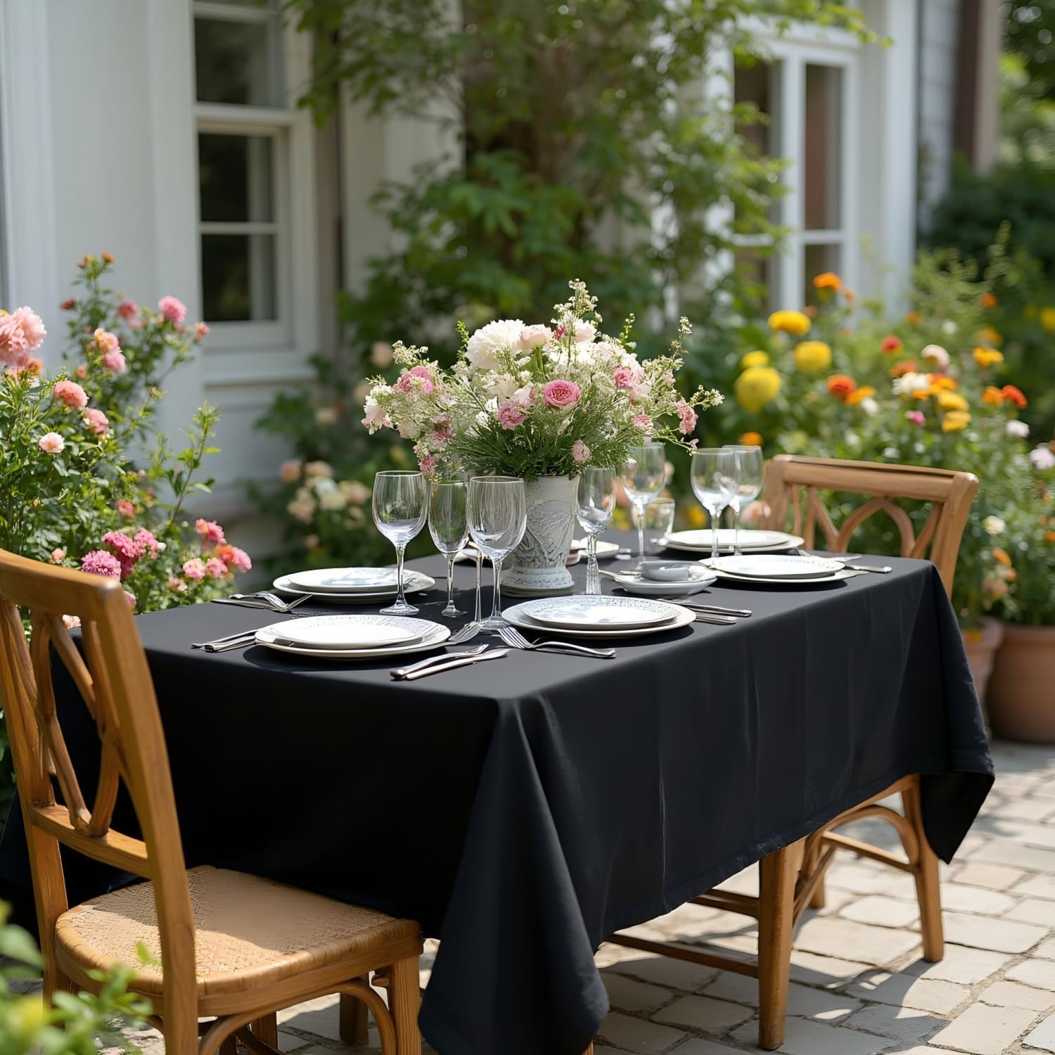 sancua Rectangle Tablecloth - 60 x 84 Inch - Stain and Wrinkle Resistant Washable Polyester Table Cloth, Decorative Fabric Table Cover for Dining Tables, Buffet Parties and Camping, Black - Image 3