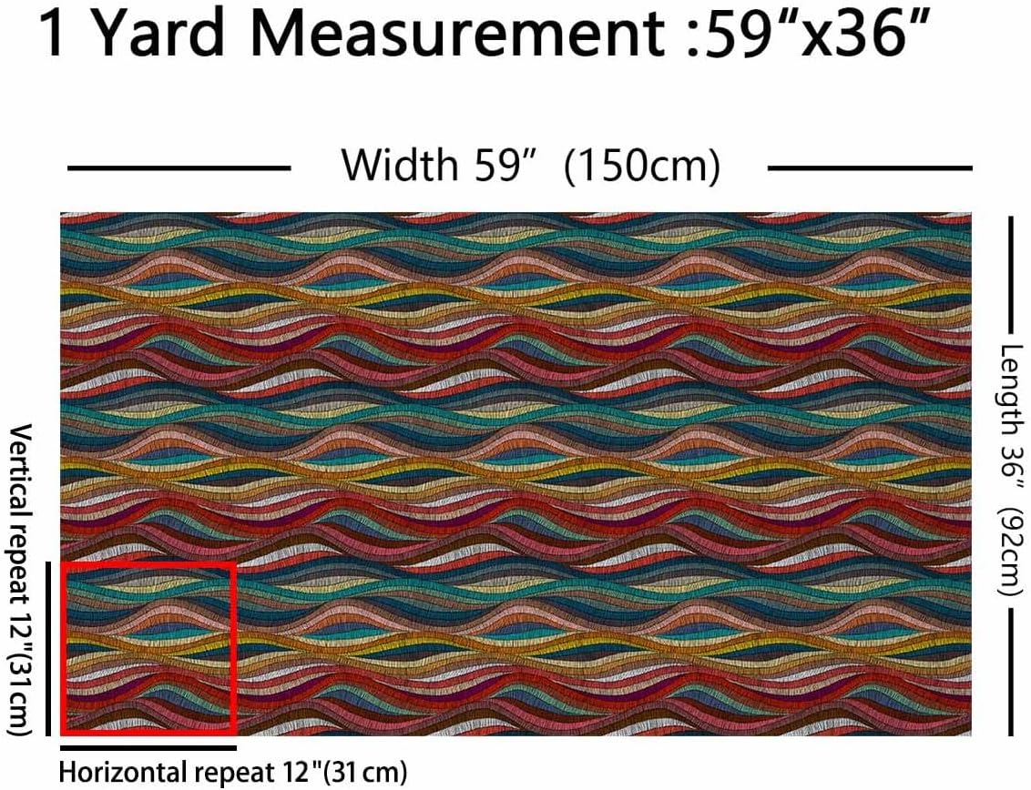 Boho Fabric by The Yard Bohemian Wavy Upholstery Fabric Rainbow Embroidered Waves Print Decorative Fabric Geometric Tribal Ethnic Colorful Abstract Polyester Indoor Outdoor Fabric, 1 Yard
