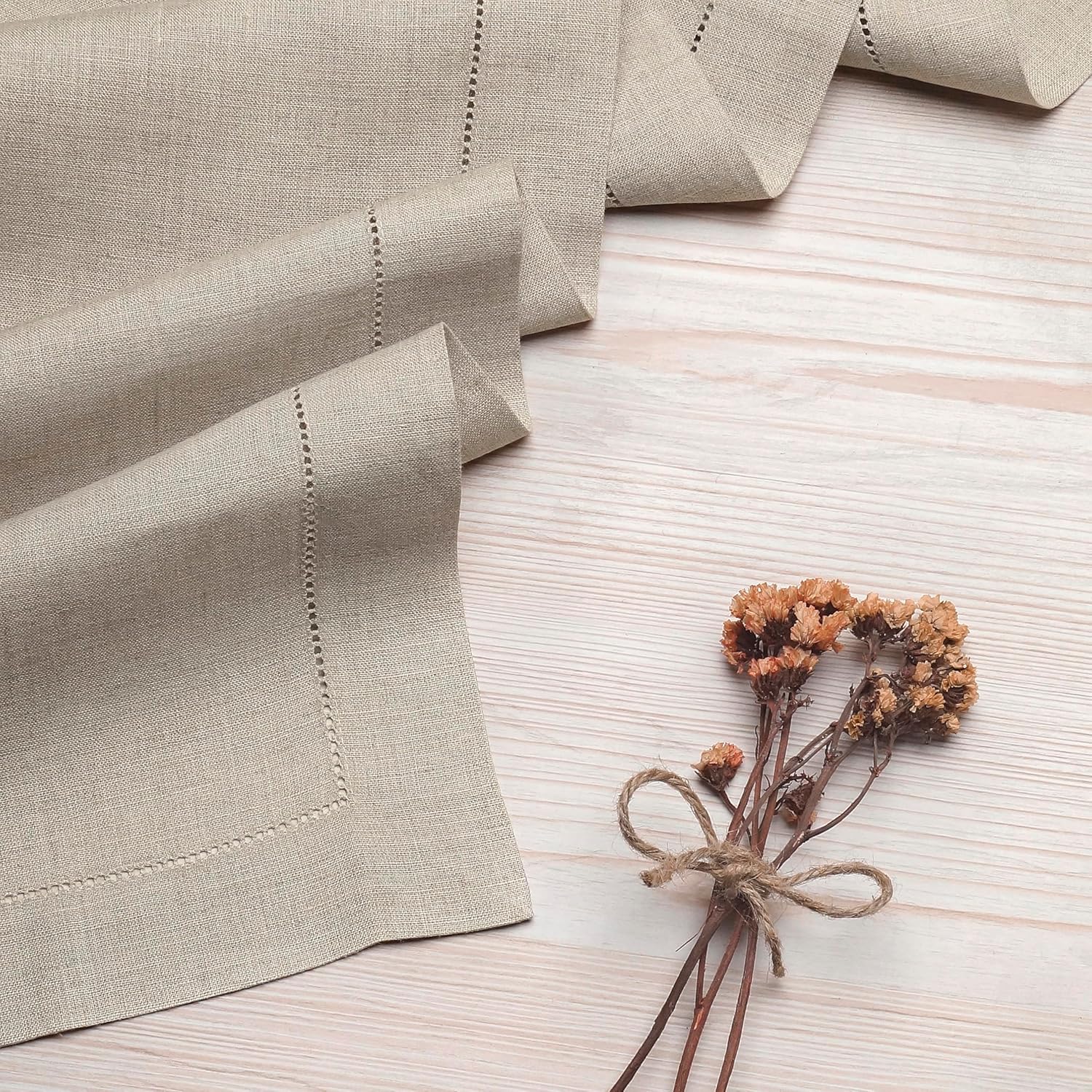 D'Moksha Homes Linen Natural Table Runner 120 Inches Long - 100% Pure Linen Hemstitch 14 x 120 Inch Table Runner for Dining, Valentines, Spring, Easter - Classic Hemstitch - Image 3