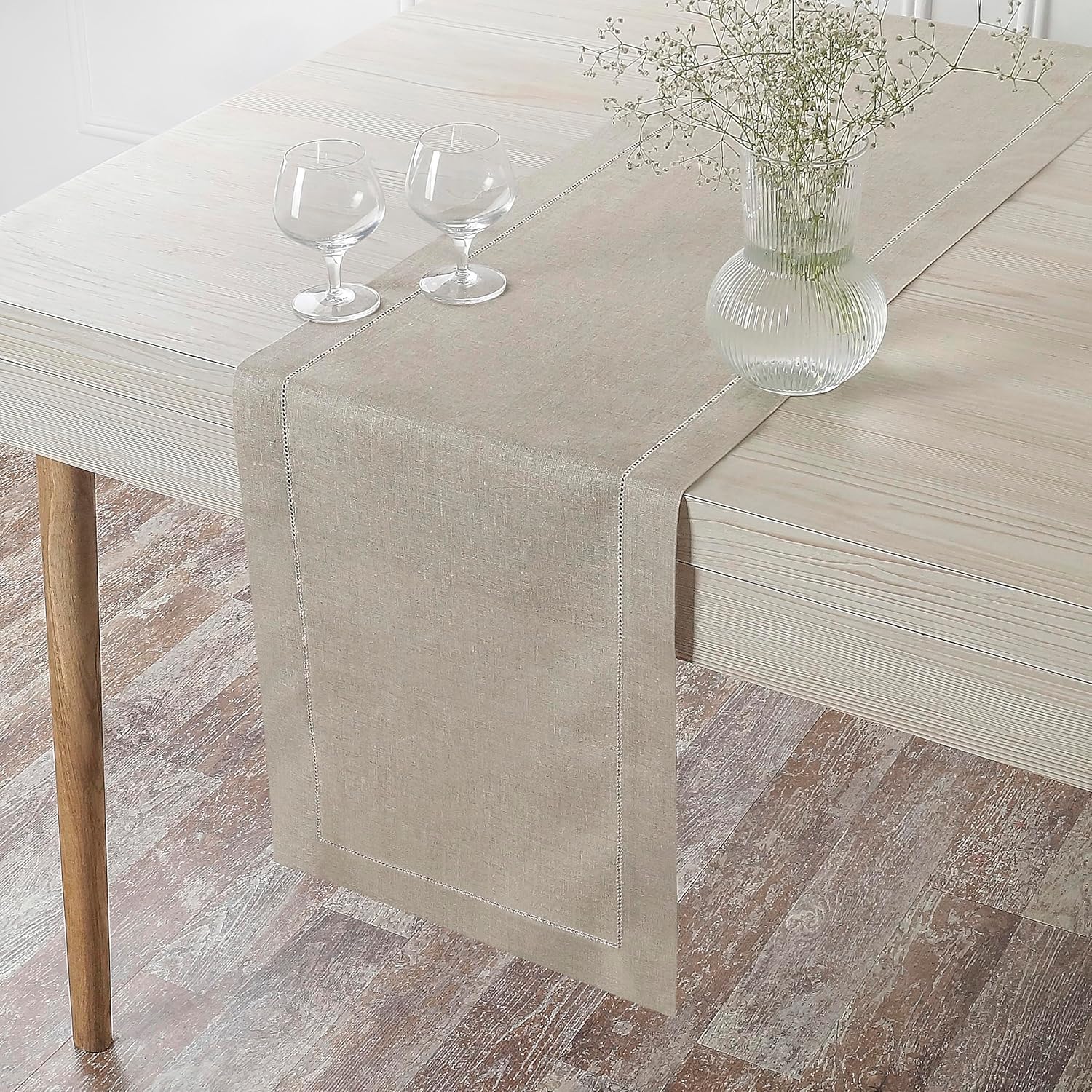 D'Moksha Homes Linen Natural Table Runner 120 Inches Long - 100% Pure Linen Hemstitch 14 x 120 Inch Table Runner for Dining, Valentines, Spring, Easter - Classic Hemstitch - Image 4