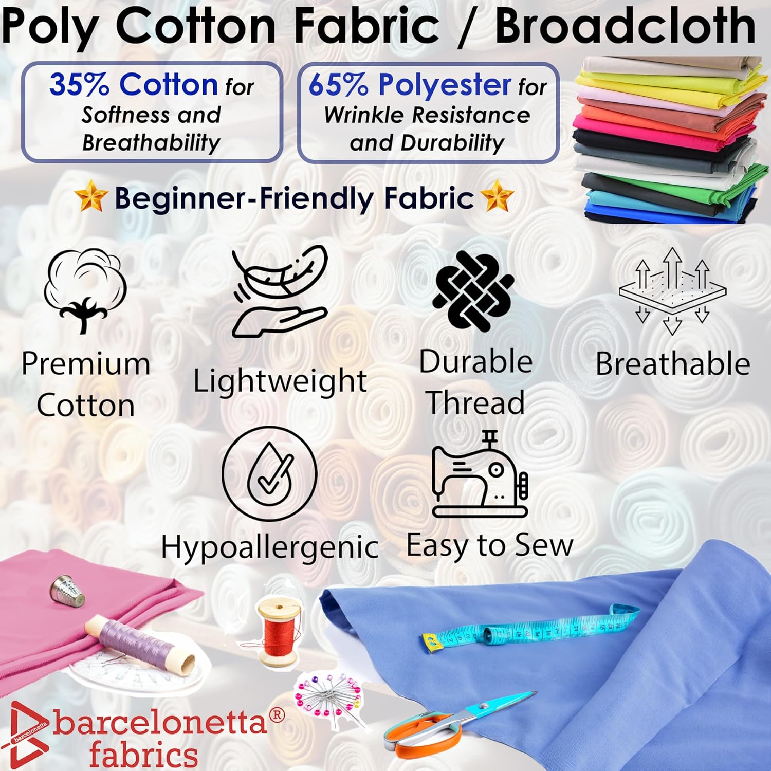 Barcelonetta | Poly Cotton Fabric for Sewing | Broadcloth Fabric | by The Yard | 60" Wide Roll | Lightweight, Breathable | Lining, Home Textile, Skirts, Tote Bags (Black, 2 Yard)