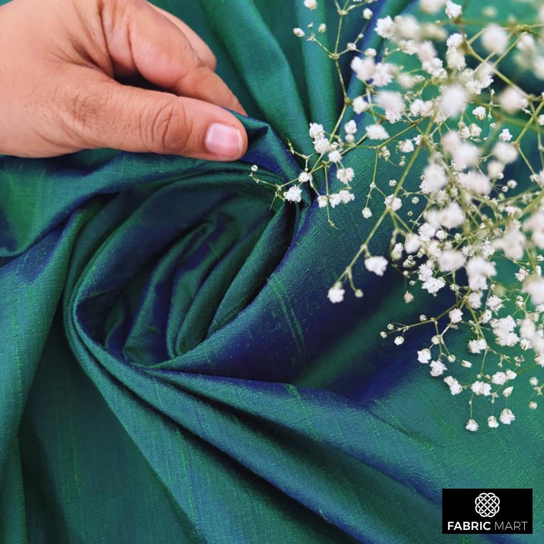 Fabric Mart Direct Peacock Silk Dupioni Fabric by The Yard, 1 Yard 41 inches Width Slubbed Dupioni Silk Solid Color Blue Combination Fabric, Wholesale Combination Upholstery for Curtains