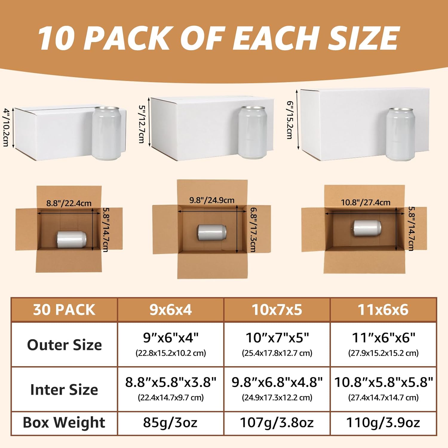 EXYGLO 30 Pack 9x6x4, 10x7x5, 11x6x6 Assorted Sizes Shipping Boxes for Small Business, Each Size 10 Pack, White Corrugated Cardboard Small Box for Packaging, Moving, Mailing, and Storing