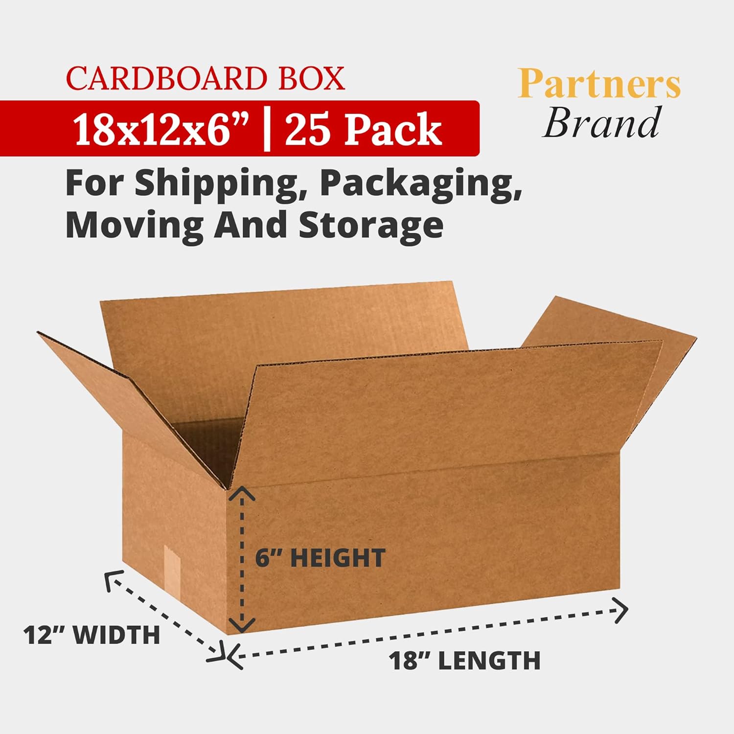 Partners Brand 18x12x6 Corrugated Cardboard Boxes, 18"L x 12"W x 6"H, Pack of 25 | Shipping, Packaging, Moving, Storage Box for Business, Strong Wholesale Bulk Boxes 18x12x6 18126