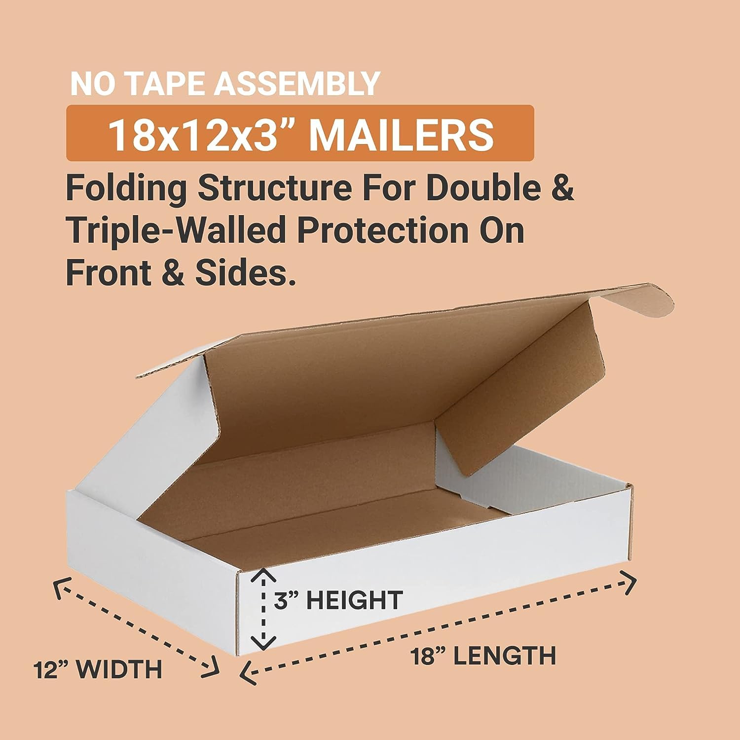 BOX USA 18" Deluxe Shipping Boxes, 18"L x 12"W x 3"H, 25-Pack - White Box Mailers for Packaging, Storage, Gifts or Bulk Business Orders