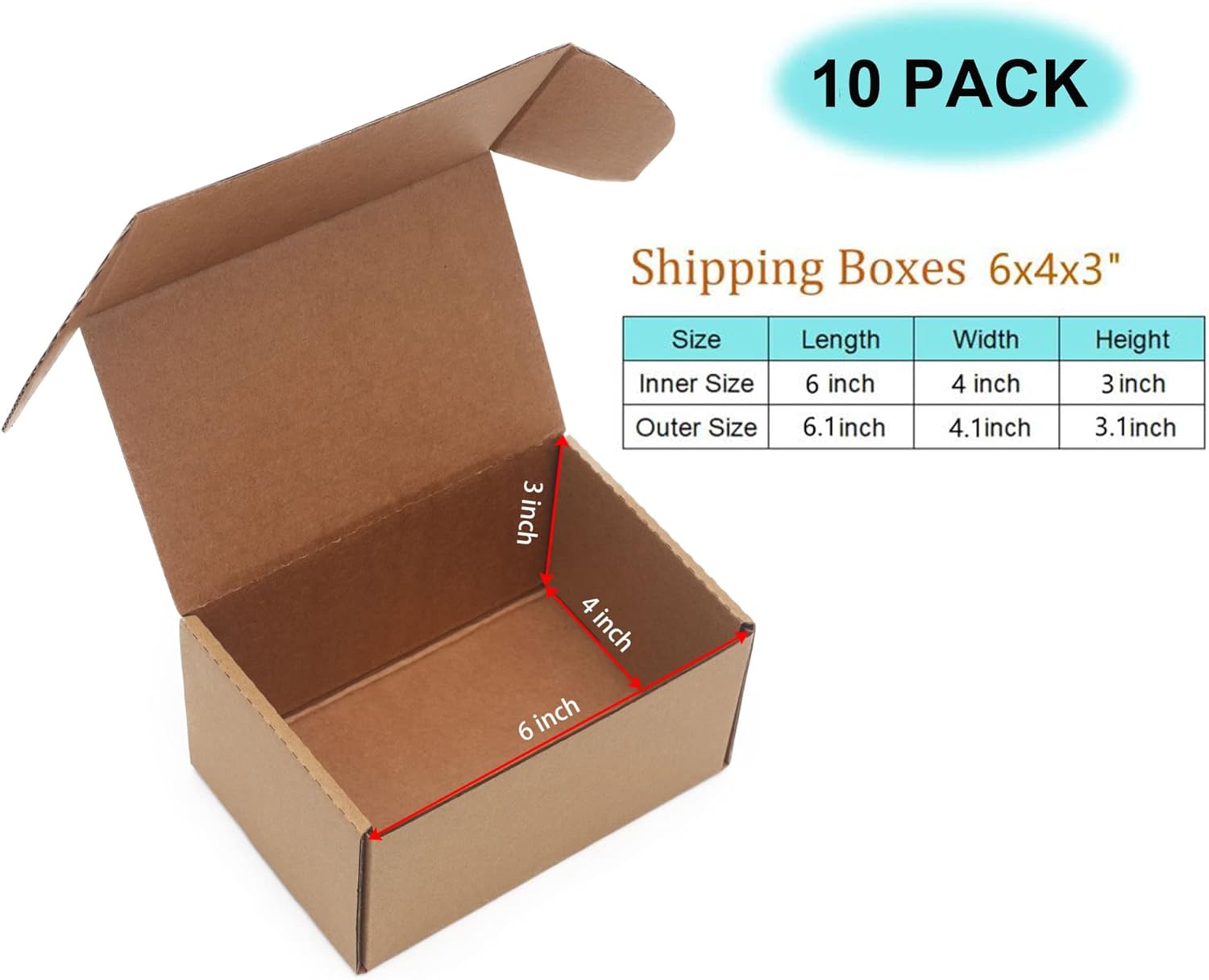 10 Pack Small Shipping Boxes 6x4x3'' Corrugated Small Cardboard Boxes for Shipping, Recyclable Packaging Boxes for Business, Mailer, Gift Packing, Crafts Packing, Jewelry Box, Brown
