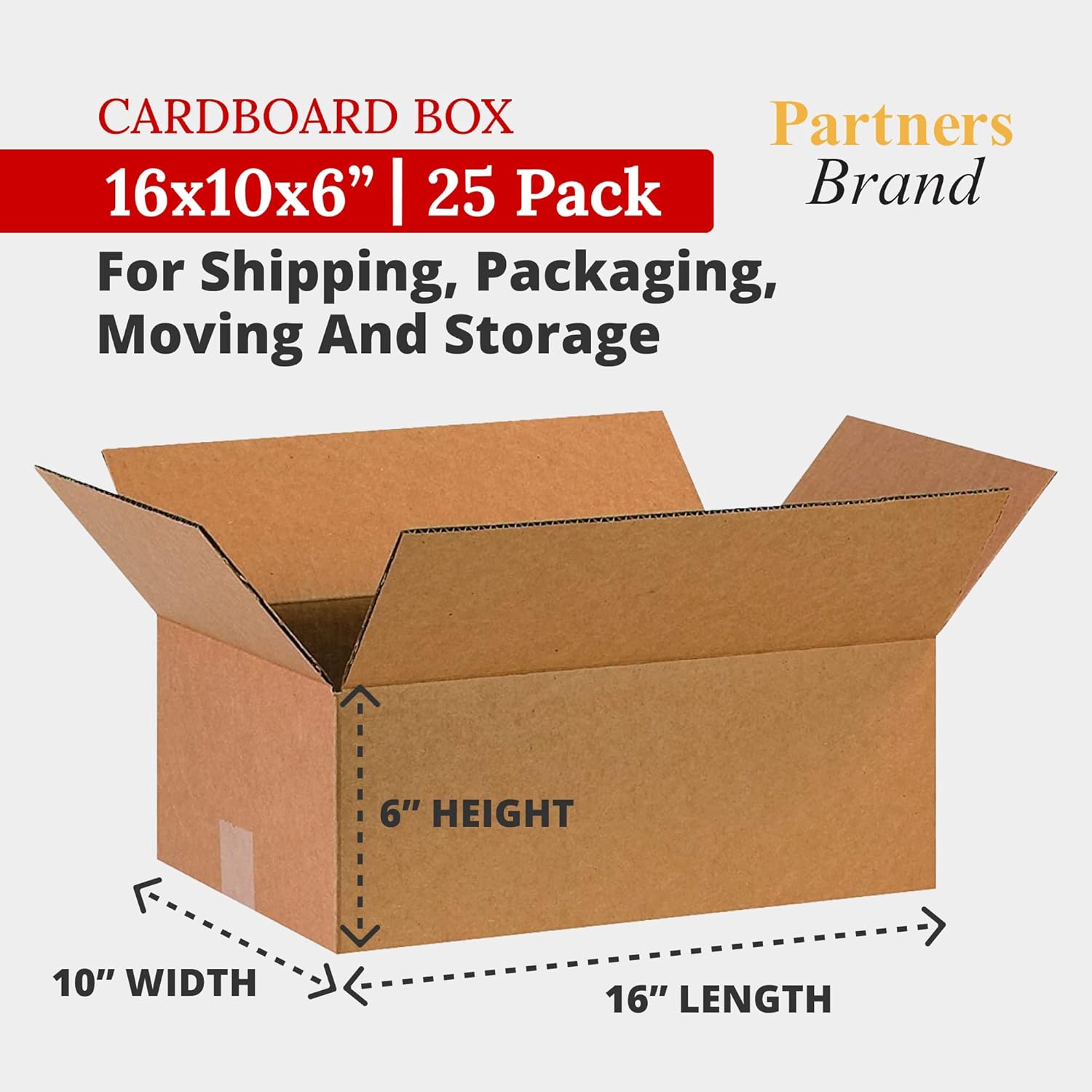 PARTNERS BRAND 16 x 10 x 6 Corrugated Cardboard Boxes, Medium 16"L x 10"W x 6"H, Pack of 25 | Shipping, Packaging, Moving, Storage Box for Home or Business, Strong Wholesale Bulk Boxes