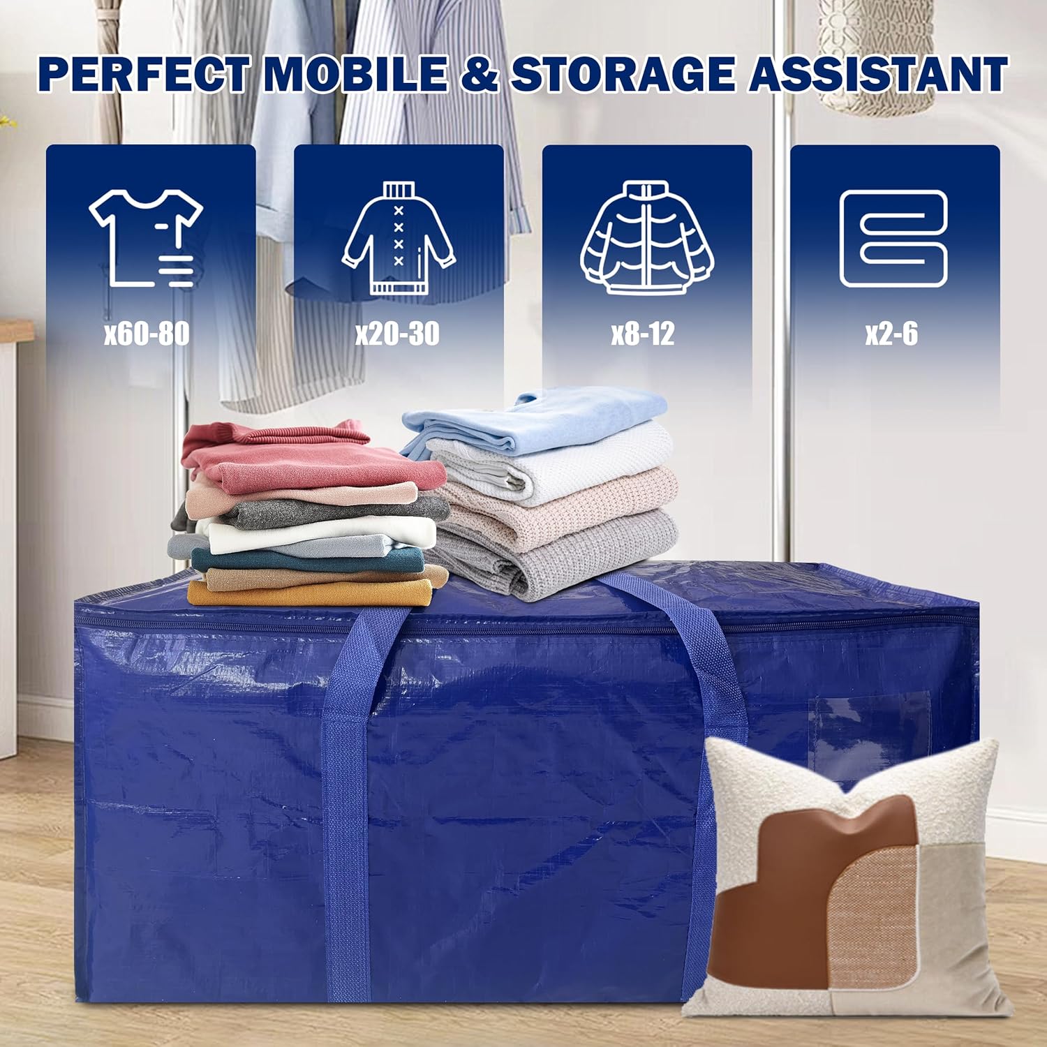 8 Pack Extra Heavy Duty Large Moving Bags with Strong Zipper & Carrying Handles, Sturdy Clothes Storage Bags Totes Bins, Packing Bag Move Boxes College Moving Supplies, Dark Blue - 24 gal - Image 5