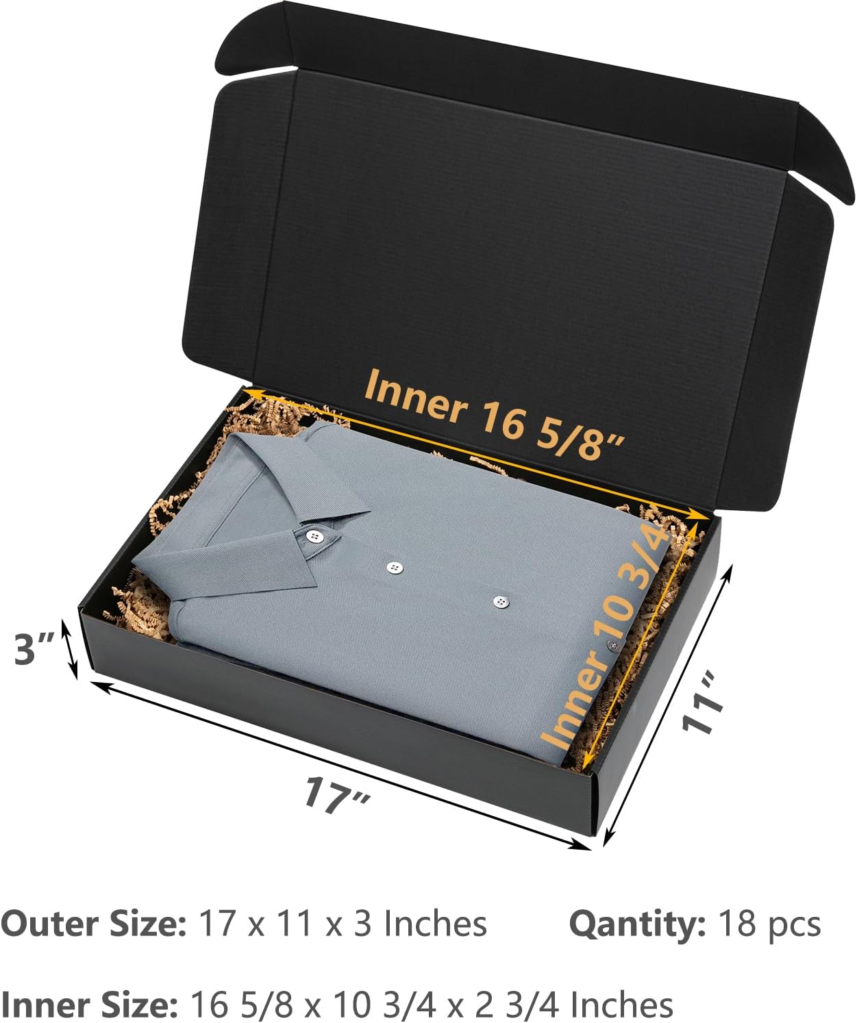 Timirog Shipping Boxes 17x11x3 Inches 18 Pack Black Corrugated Cardboard Mailing Box for Small Business, Tab Locking Literature Mailer Packaging Supplies for Packing Clothes Shirt Robe Gifts