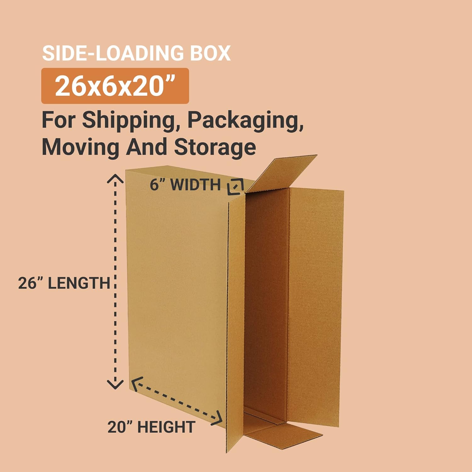 BOX USA Side Loading Shipping Boxes Large 26"L x 6"W x 20"H 10-Pack - Corrugated Cardboard Box for Moving, Mailing, Packing, Packaging and Storage