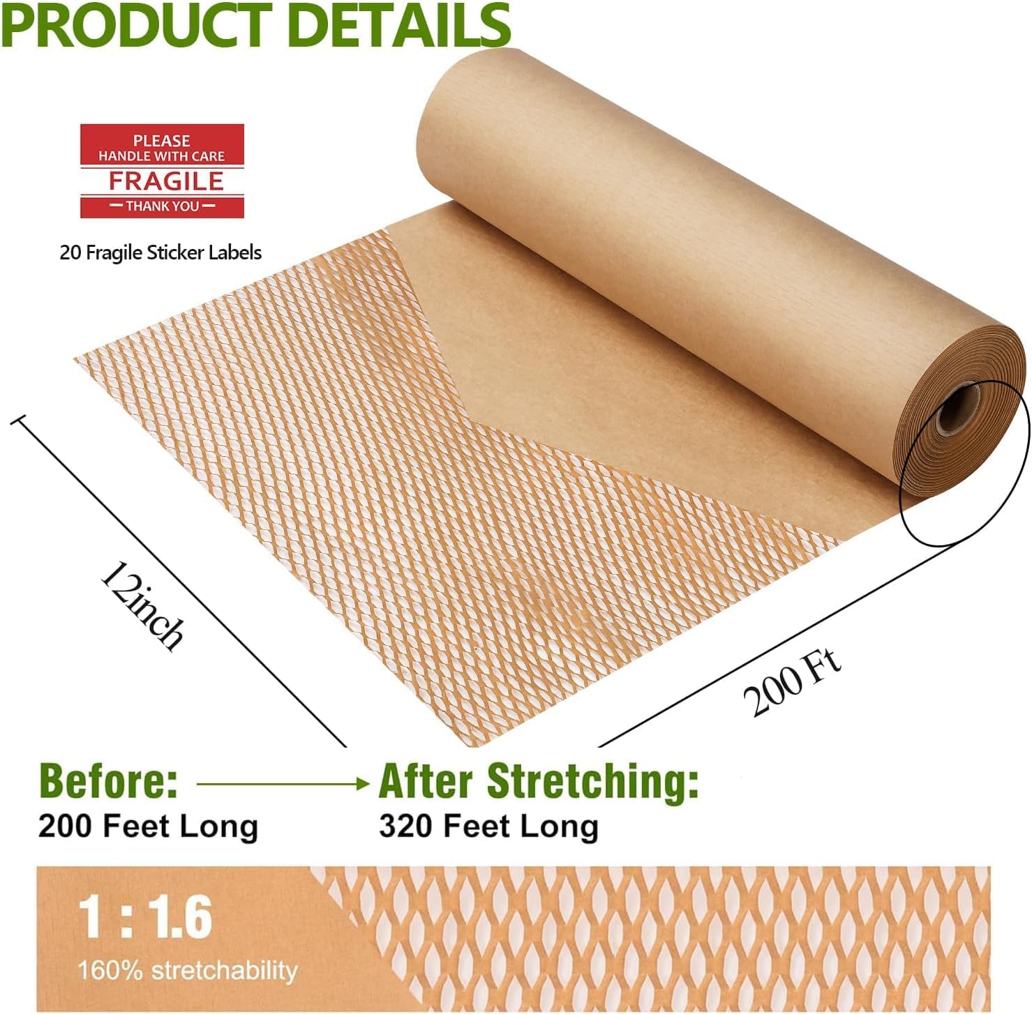 Honeycomb Packing Paper,12" W x 200' L Bubble Cushioning Wrap for Packing Moving,Products & Gifts Wrapping Paper,Recyclable and Biodegradable Shipping Packing Materials with 20 Fragile Sticker Labels