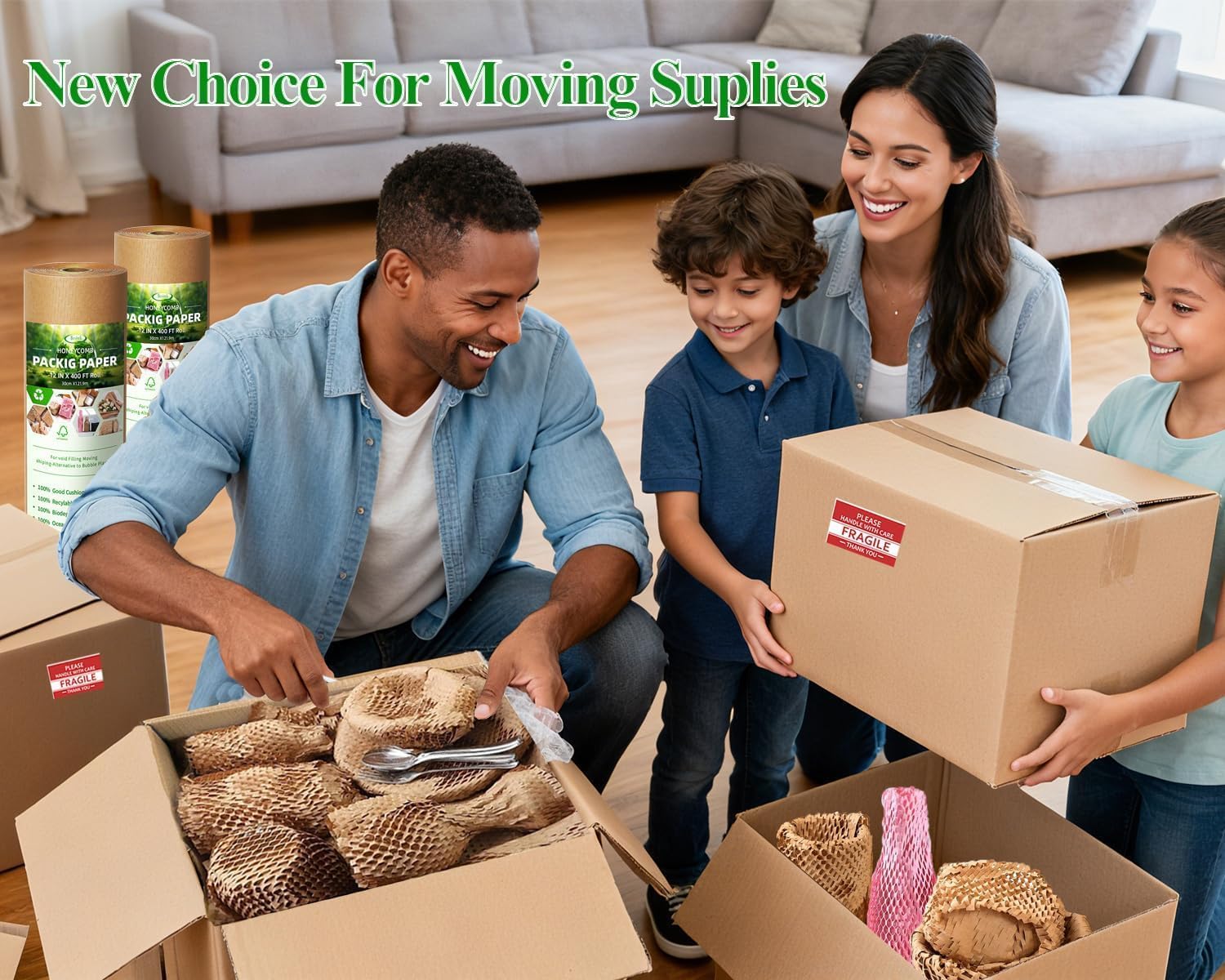 Alternative view of Honeycomb Packing Paper,12" W x 200' L Bubble Cushioning Wrap for Packing Moving,Products & Gifts Wrapping Paper,Recyclable and Biodegradable Shipping Packing Materials with 20 Fragile Sticker Labels