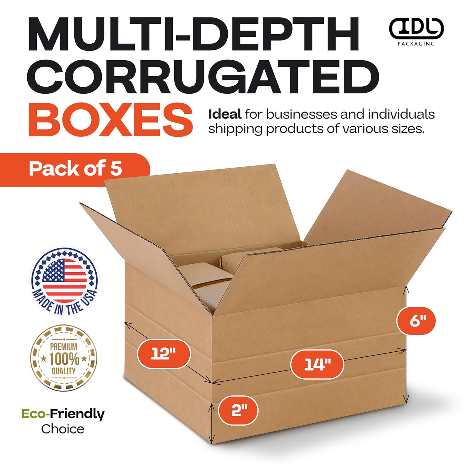 Multi-Depth Corrugated Shipping Boxes, 14"L x 12"W x 6"H, Pack of 5 - USA-Made Boxes for Moving, Storage & Small Business Packaging - Heavy-Duty Cardboard Bines for Household & Office by IDL Packaging