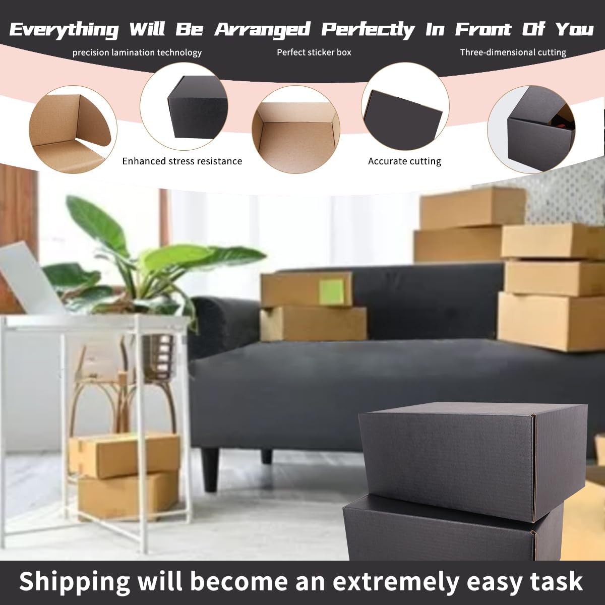 JIUZHOUXIN Shipping Boxes,9"x6"x4" Black Corrugated Cardboard Boxes, Which is Anti-Impact Come with Exquisite Sealing Label.Suitable E-Commerce Packaging, Shipping Packaging. - Image 4