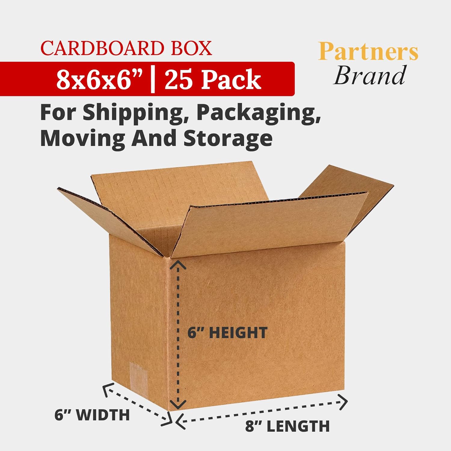 Partners Brand 8 x 6 x 6 Corrugated Cardboard Boxes, 8"L x 6"W x 6"H | Shipping, Packaging, Moving, Storage Box for Business, Strong Wholesale Bulk Boxes 866, (Pack of 25)