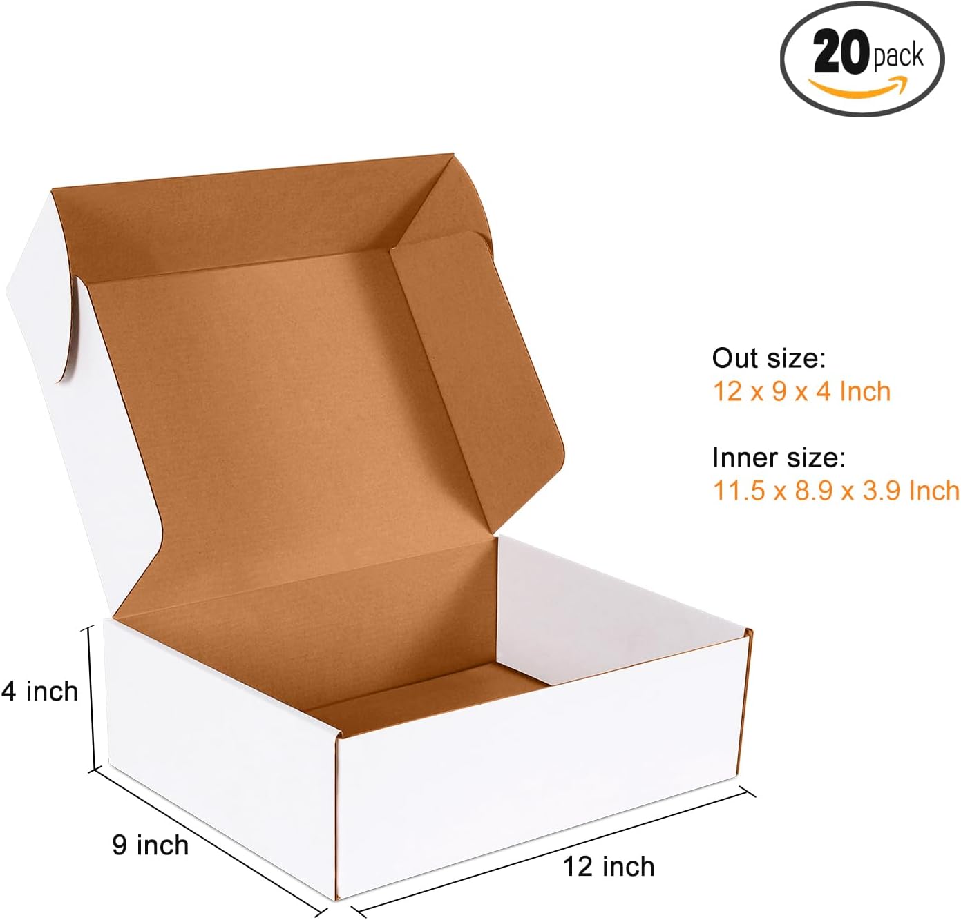 JOWLOT 12x9x4 inch Shipping Boxes Set of 20, White Corrugated Cardboard Box Literature Mailer for Mailing Packing Moving and Storage