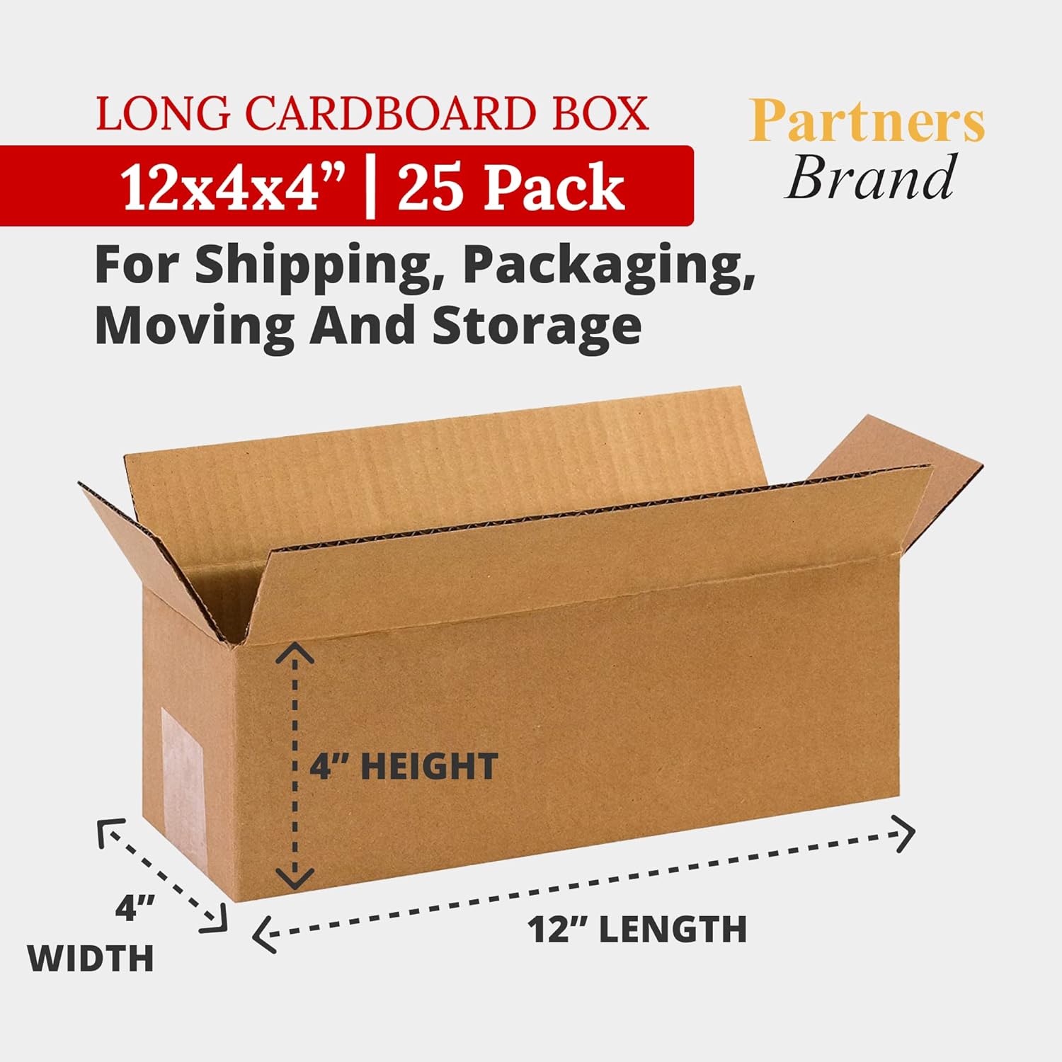 PARTNERS BRAND 12 x 4 x 4 Corrugated Cardboard Boxes, Long 12"L x 4"W x 4"H, Pack of 25 | Shipping, Packaging, Moving, Storage Box for Home or Business, Strong Wholesale Bulk Boxes